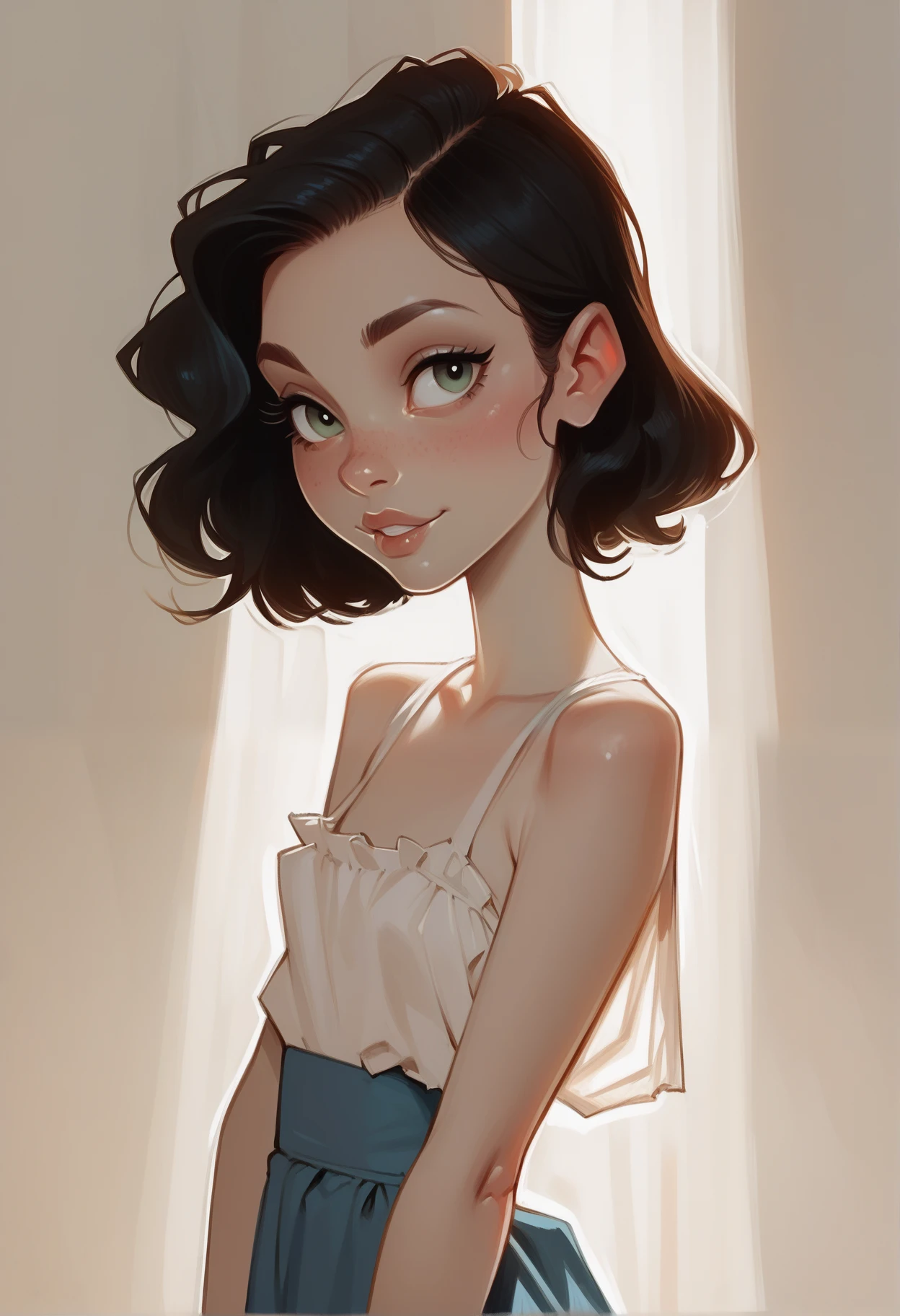 score_9, score_8_up, score_7_up, dijor, 1girl, solo, portrait, cute girl blushing, pretty , wearing , Shirtdress , cleavage ,boobs (0.3),