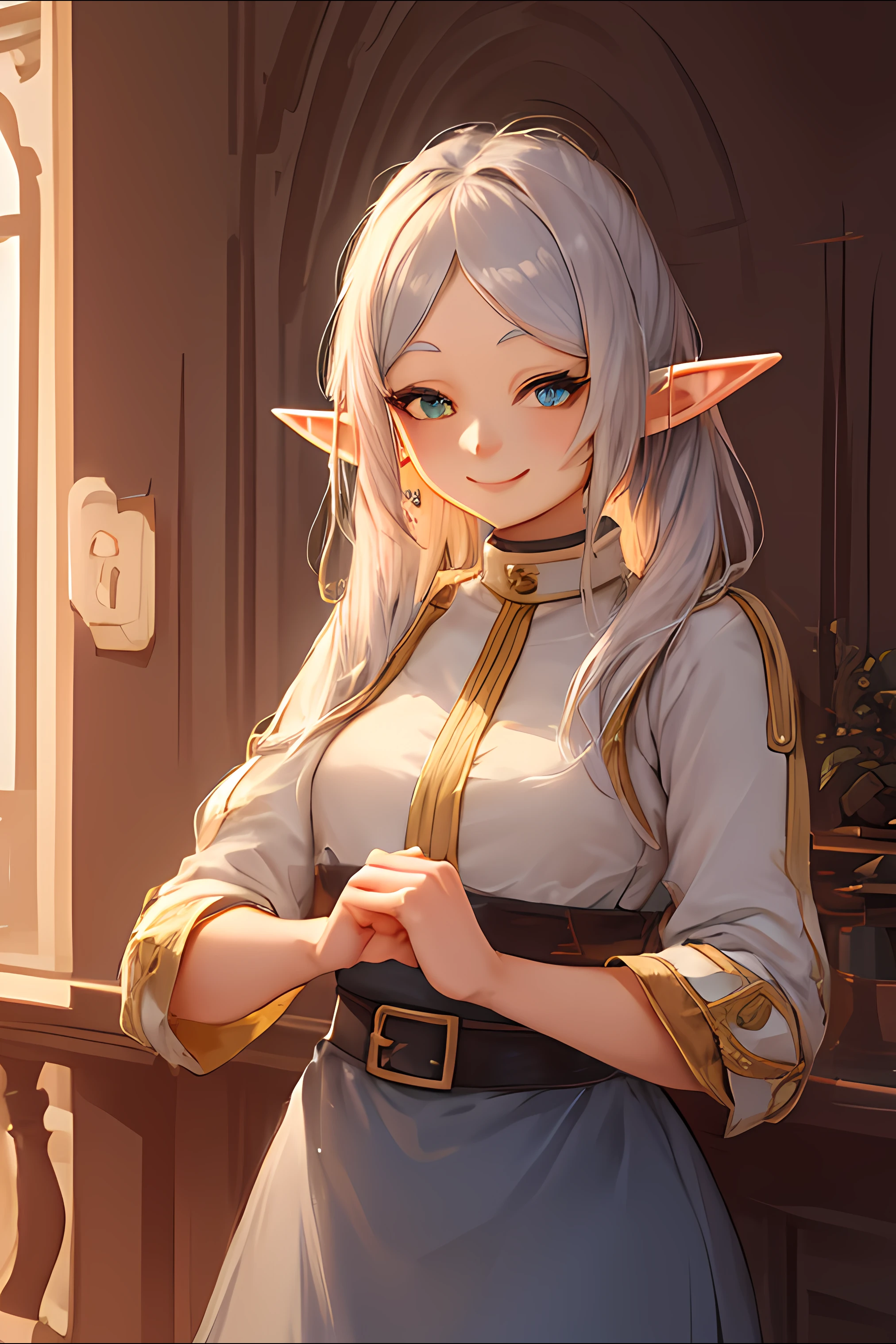 (masterpiece), high quality, intricate detail, extremely detail, 1girl, solo, frieren, elf, standing, confident, lightly smile, pointing forward, finger gun, beautiful hands, beautiful fingers, <lora:pointing_-_finger_gun:0.7> <lora:frieren:1>
