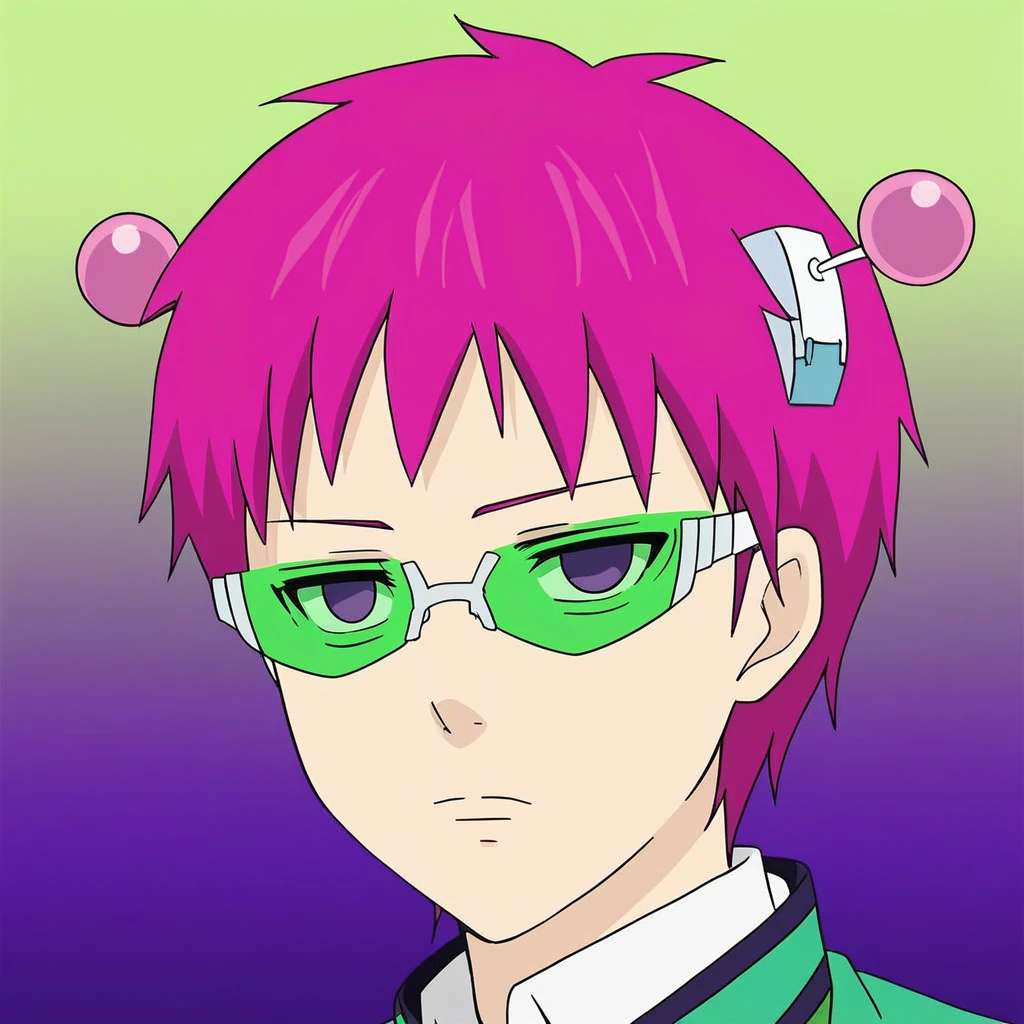 (masterpiece), 1boy, Saiki Kusuo, pink hair, purple eyes, antennae, green glasses, green school uniform, looking at viewer, closed mouth, expressionless, gradient background