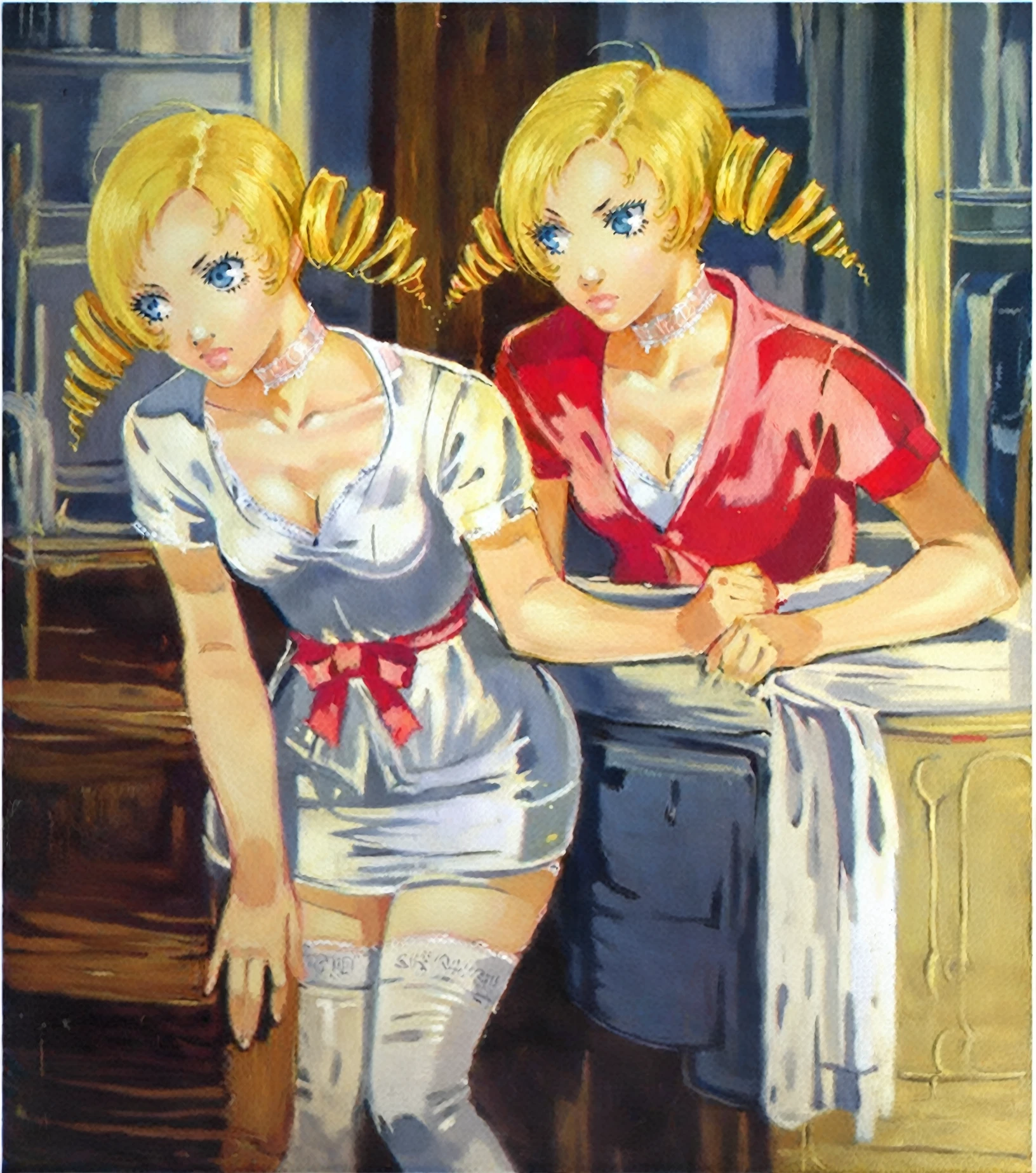 <lora:yuriy-pimenov_pony_v1:1>   ' ccatherine ' by yuriy pimenov in 1937, genre painting \(genre\), socialist Realism \(style\)  <lora:CCatherine:1> , 1girl, blonde hair, drill hair, twin drills, blue eyes, twintails, lips, choker, eyelashes, thighhighs, cleavage