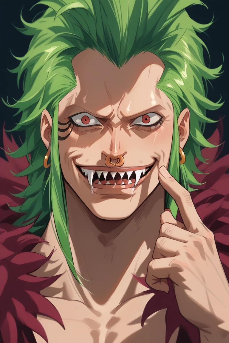 score_9, score_8_up, score_7_up, source_anime, rating_explicit, dark, sidelighting, dramatic natural lighting, 1stmale focus, Bartolomeo_finger gesture, BartolomeoOP, green_Bartolomeo_male hair, gold_Bartolomeo_nose piercing, black_Bartolomeo_facial markings, red_Bartolomeo_eyes, gold_Bartolomeo_earrings, crazy eyes, wide eyed, wide smile, sharp teeth, evil smile, 1stboy, intricately detailed illustration, simple plain black background, green theme