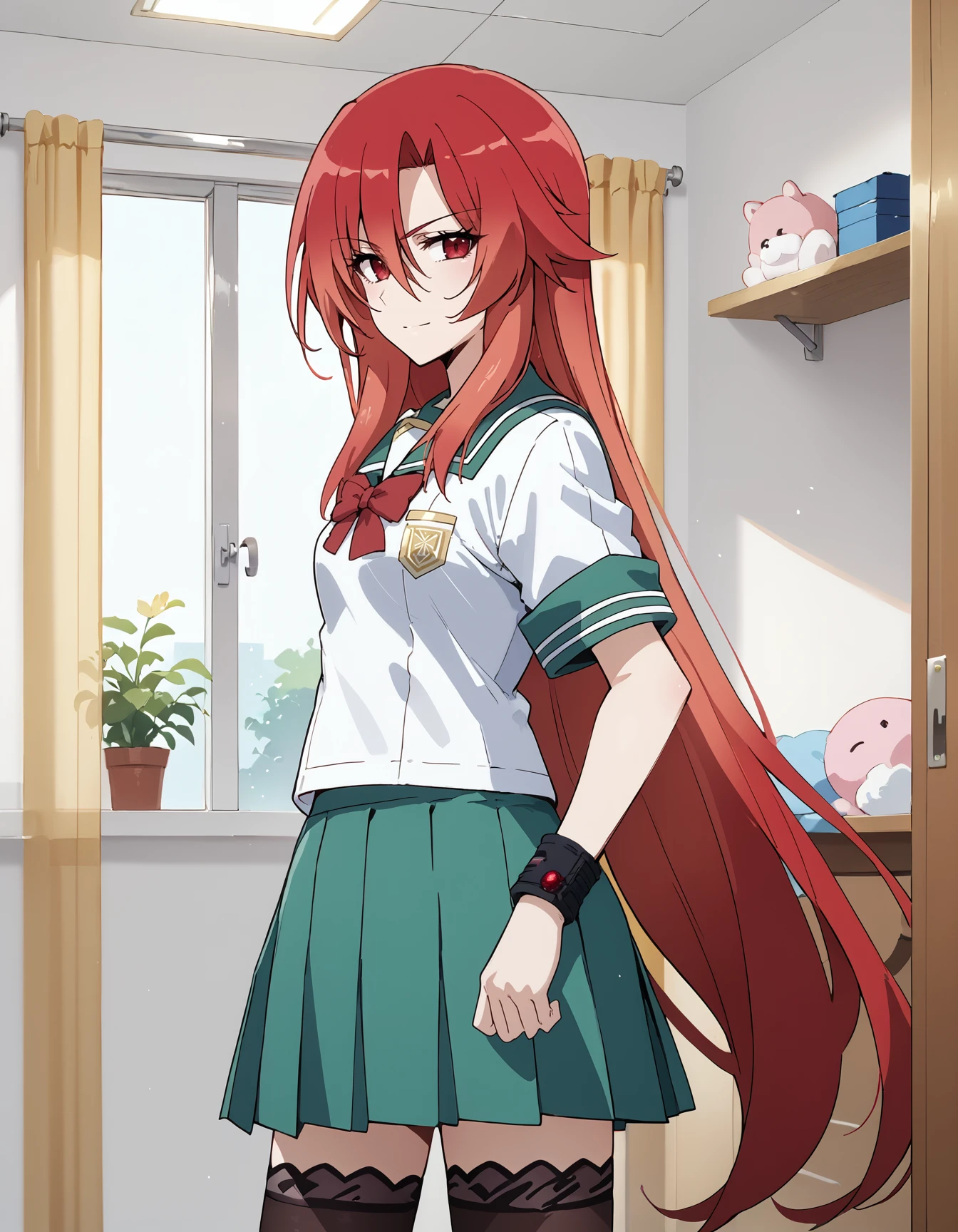 (score_9, score_8_up,score_7_up,source_anime,anime),solo,1girl, <lora:Lisara:0.9> Lisara, long hair,red hair,very long hair,red eyes,((small breasts,single wristband)),school uniform,serafuku,,green skirt,bow,black thighhighs,pleated skirt 
,light smile
BREAK
upper body,Standing,fitting room,curtains
BREAK 
looking at viewer,from behind  <lora:NoctFlatStyleV4:0.6>