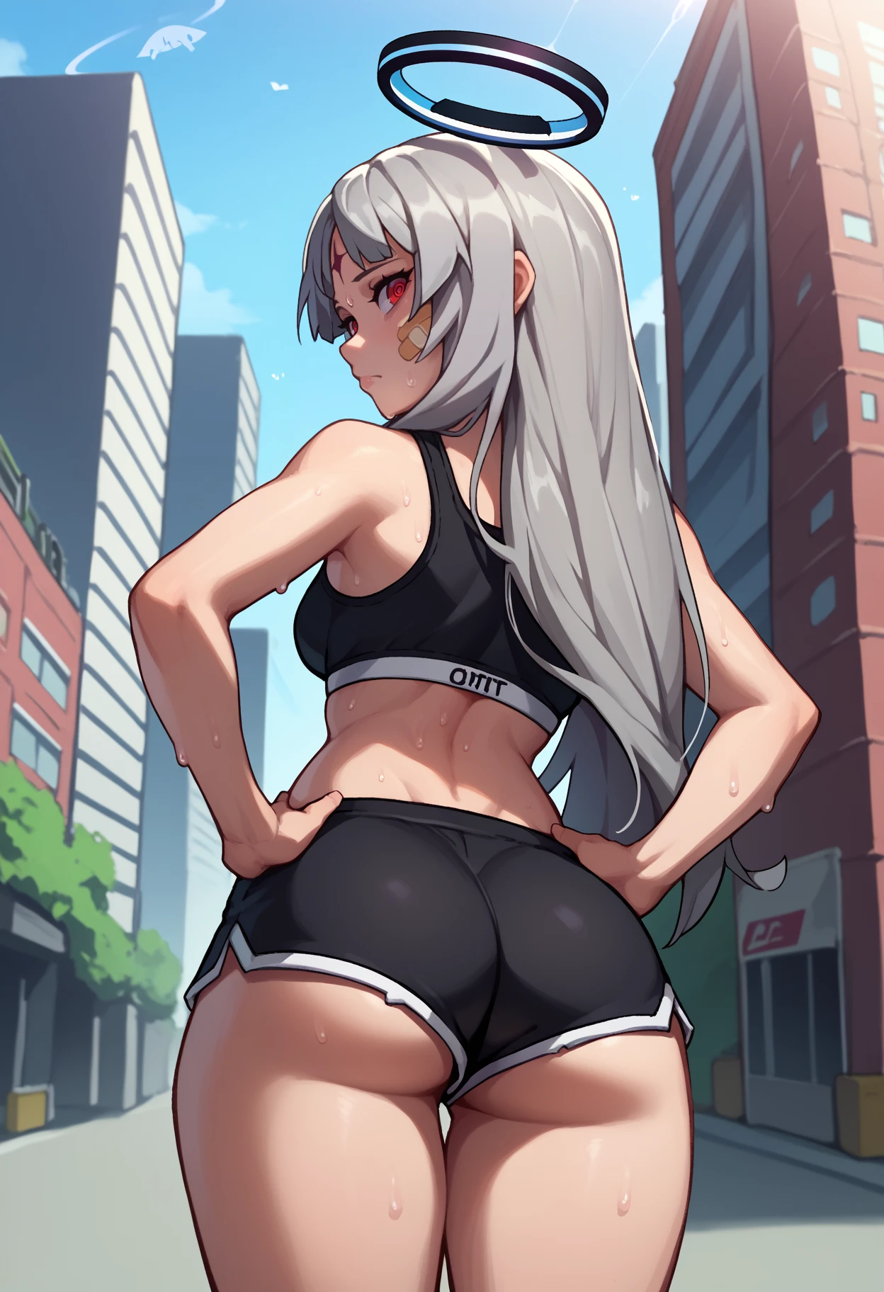 score_9, score_8_up, score_7_up, <break> from behind, solo, 1girl, g0dishmiku, forehead mark, bandaid on face, bandaid on cheek, sweat, expressionless, looking back, hands on own hips, long hair, grey hair, halo, red eyes, ringed eyes, black sports bra, black shorts, micro shorts, ass, outdoors, city street
<segment:yolo-face_yolov8m.pt,0.4,0.5//cid=1>