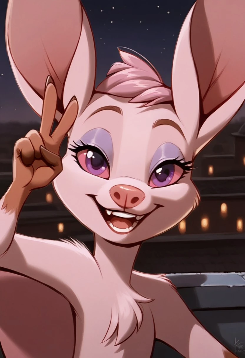 score_9, score_8_up, score_7_up, Expressiveh, masterpiece, best quality, highly detailed, realistic, (zPDXL3), 1girl, solo, PBA, furry, anthro, female bat, bat nose, bat ears, chest tuft, pink body, pink sclera, purple eyes, purple eyeshadow, pink hair, short hair, (smile, teeth, looking at viewer, open mouth) standing, featureless crotch, rooftop, night, city, detailed background, romantic ambiance, (((peace sign, close-up, upper body, patagium)))