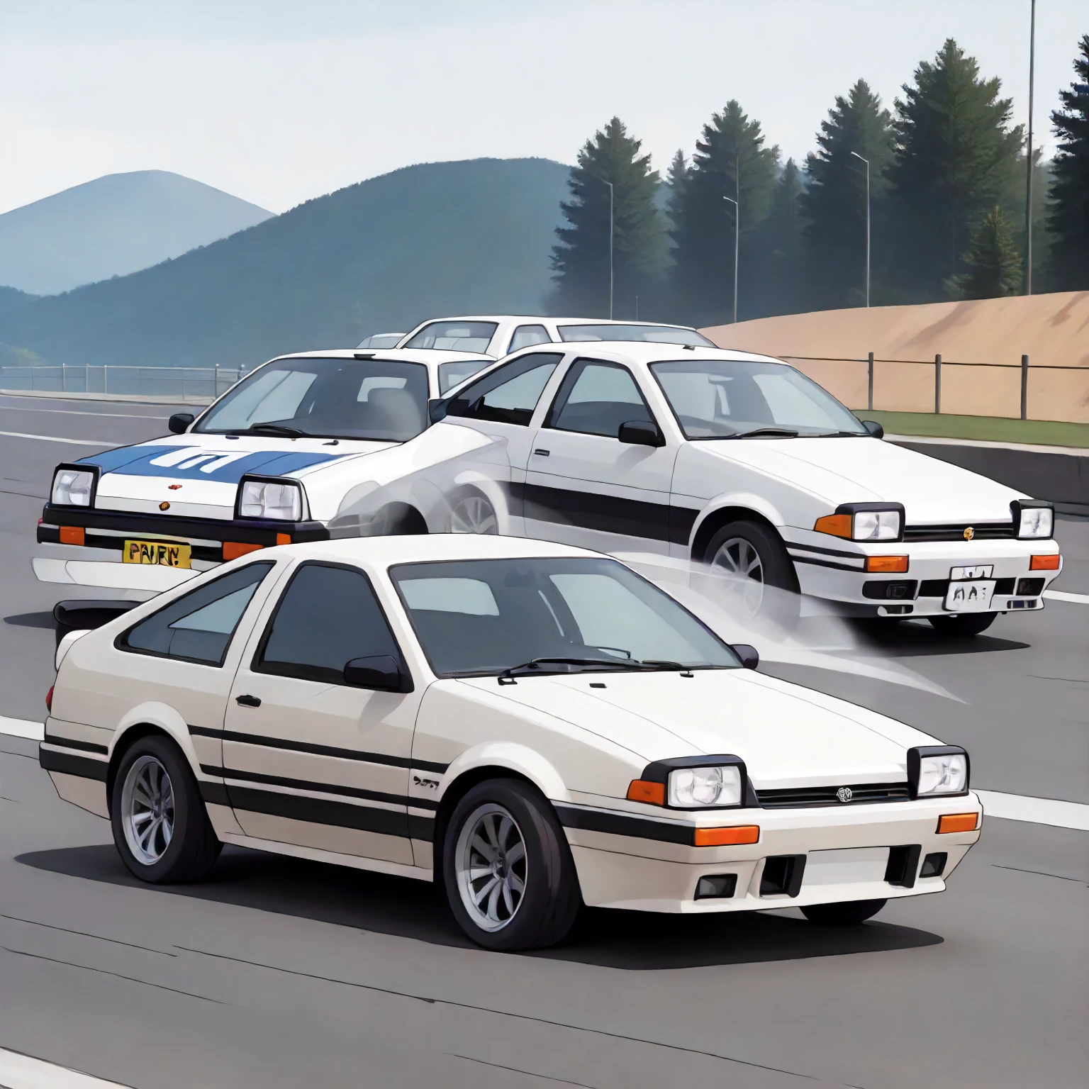 <lora:ID_TakumiFujiwaraXLpony001>,
outdoors,
solo,
AE86,two -tone car,white car,
drift,speed_lines,