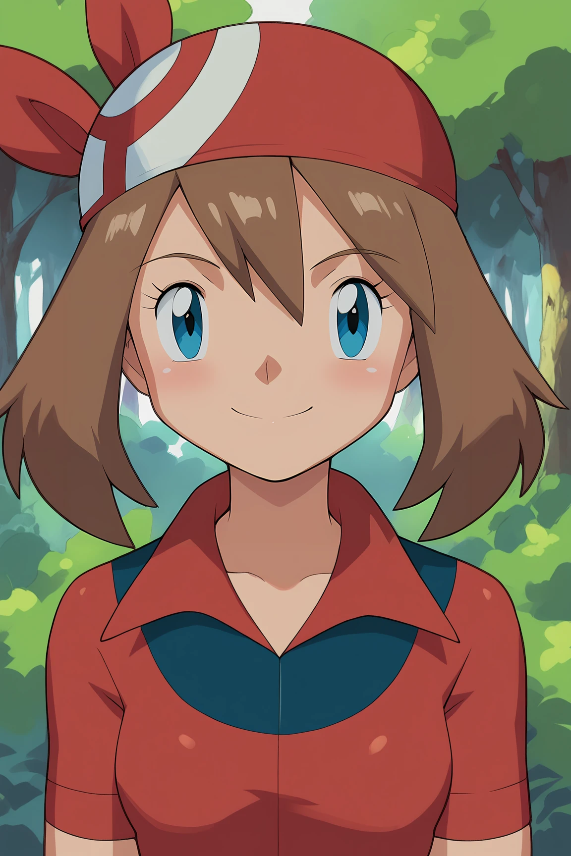 score_9, score_8_up, score_7_up, score_6_up, BREAK, MayPXL, blue eyes, brown hair, short hair, hair between eyes, red bandana, small breasts, red shirt, short sleeves, solo, front view, (portrait, upper body), solo focus, seductive smile, looking at viewer, forest <lora:MayPXL:1>