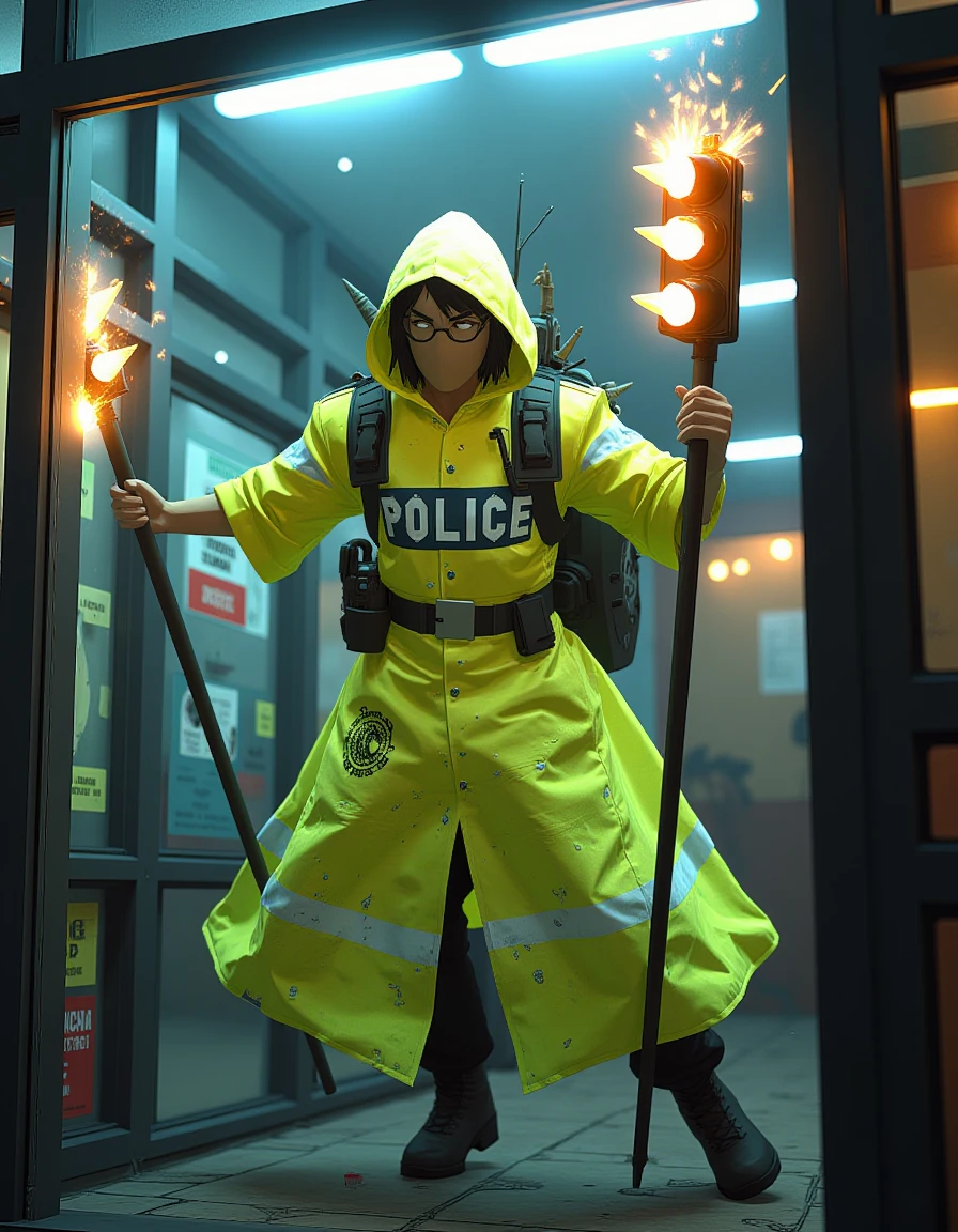 tacwiz style, A POV view of a British police traffic warden with a warlock twist, dressed in a bright yellow holographic reflective ankle-length smock with white horizonal stripes, a hood and "POLICE" written across the chest, his attire is adorned with small arcane symbols and mystical runes subtly woven into the fabric. He has a wierd black backpack on with various spikes and round white glowing appendages. He is airborne being hurled through a British police station window, his clothes billowing dramatically, the glass pains of the window smashing everywhere. Slipping from his grasp is large staff topped with a glowing spiked traffic light.  <lora:Tactical_Breach_Wizards_style:0.8>