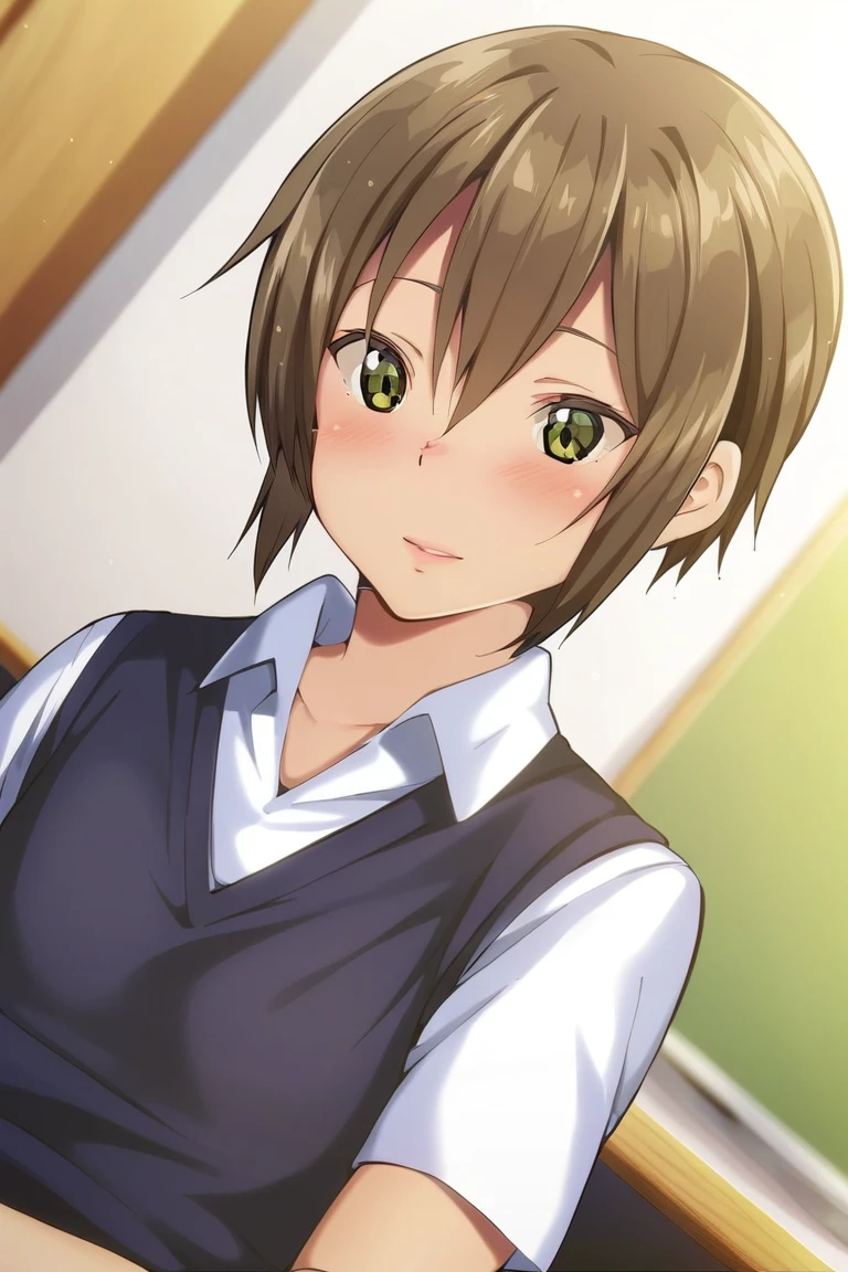 solo, 1boy, male, otoko_no_ko-kun,  BREAK school uniform, white shirt, collared shirt, sweater vest, black vest, BREAK indoors, classroom, colorful,  dutch angle, BREAK ((ultra-detailed)), ((best quality)), ((best quality)), ((beautiful eyes)), ((extremely detailed)), 4K, (8K), best quality, (beautiful), Master piece, highres, score_9, score_8_up, score_7_up, score_6_up, score_5_up, score_4_up, colorful, best quality, official art, highres, masterpiece, nai3, god light, detailed background, high quality background,  <lora:Otoko_no_ko-kun:1> <lora:light_sharp_style_magin3.1-000040:1>