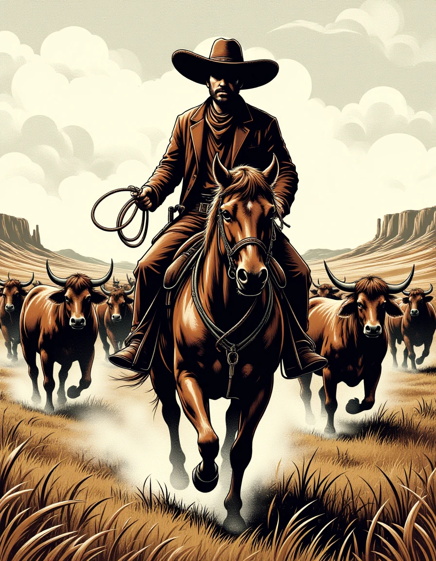 A Mexican vaquero, wearing a wide-brimmed sombrero and riding a strong horse, herds cattle across a grassy plain. His lasso is ready in his hand, and his horse moves skillfully among the herd
<lora:Western_Comic:0.7>