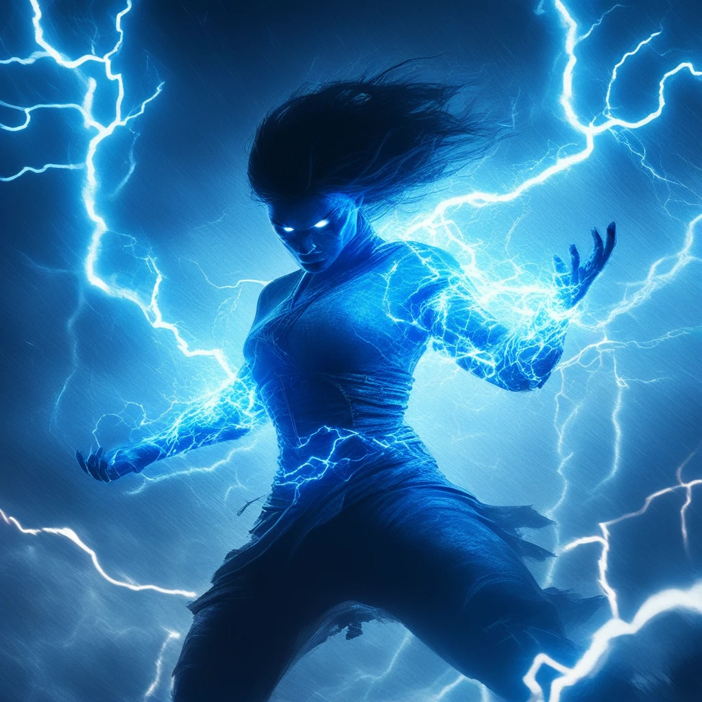 Ligmagmb, 1girl, solo, blue theme, electricity, lightning, glowing,