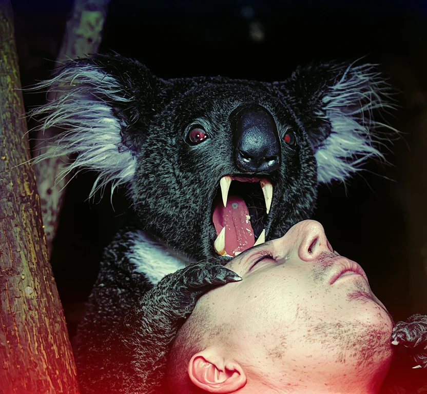 HST style autochrome photo of a vampiric dark koala with fangs leaping for the neck of a goth singer in the 90s, tragic atmosphere