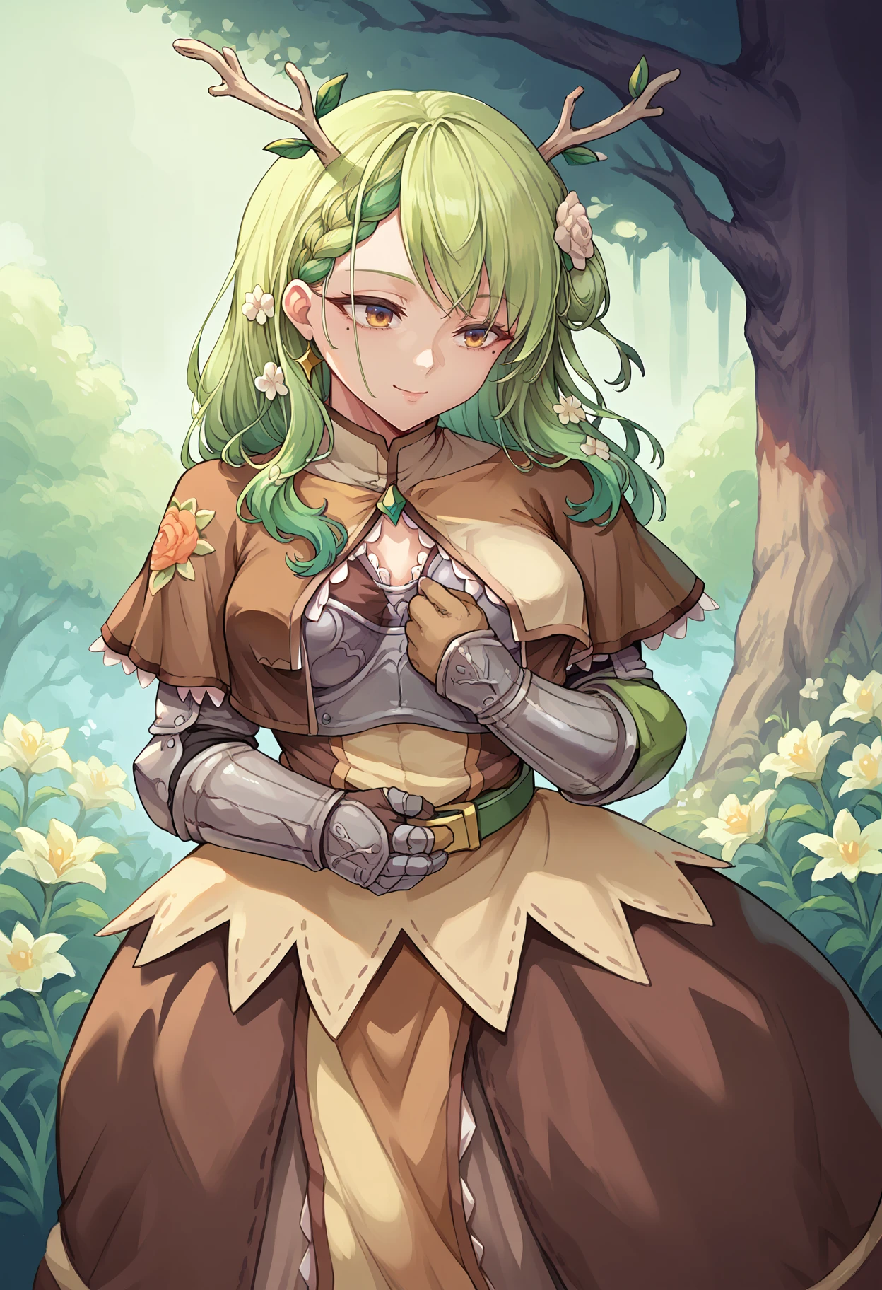 score_9, score_8_up, source_anime, 1girl, solo, CeresFauna, mole under eye, antlers, long hair, braided bangs, hair flowers, SwrdsmnClth, brown capelet, print capelet, floral print, breastplate, brown dress, gauntlets, brown gloves, belt, pelvic curtain, brown skirt, long skirt, outdoors, smile, <lora:ChamFemaleSwordsmanClothesPonyXL:1>, <lora:ChamCeresFaunaPonyXL:0.8>