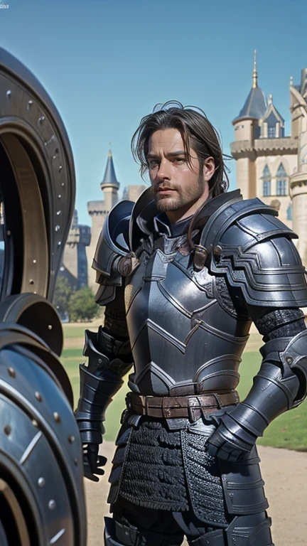 close-up, 40yo man as a Knight (wearing a full armor), action figure style, ((in front of a magnificent castle)), professional photograph, masterpiece, best quality, 8K, 16K, UHD, photorealistic, solo