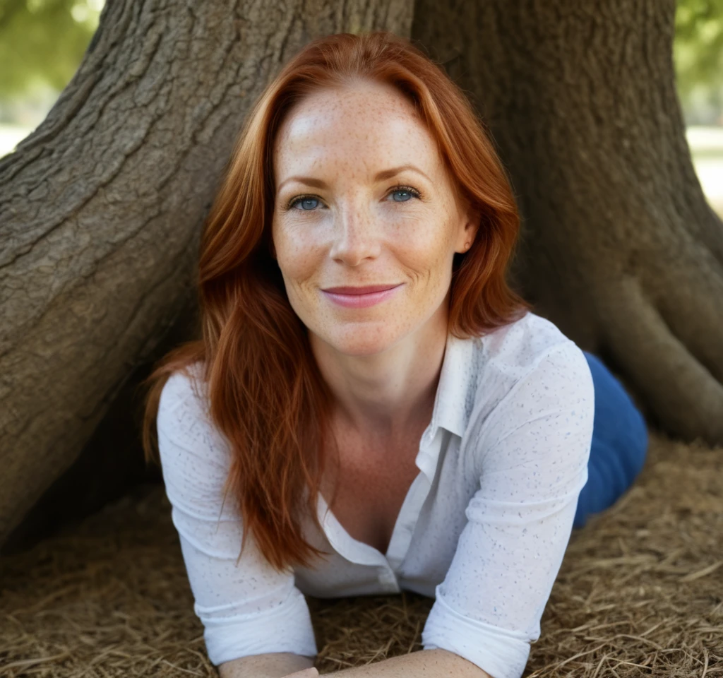 score_9, score_8_up, score_7_up, score_9, score_8, score_7 etc. source_realism, (masterpiece):1.4), ( best quality:1.1), portrait Gina, mature redhead, freckles, wearing blue jeans and a white shirt, laying under an oak tree, cute smile, fine details, very detailed, 4K, 8K