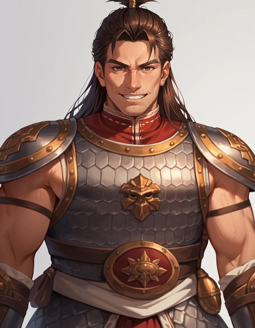 score_9, score_8_up, score_7_up, 2d, source_anime, cartoon,
ArmouredKossar, armor, muscular, handsome, male focus, looking at viewer, grin, brown hair, long hair,
 <lora:ArmouredKossar_PonyXL:0.8>