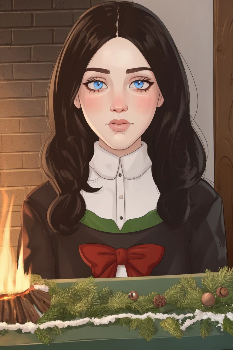 @RocnerArt, Rocner \(Artist\), RocnerArt \(Artist\), 1girl, solo, (((portrait shot))),, looking at viewer, blue eyes, long brown hair, Christmas sweater, background: indoors, winter log cabin with a burning fire place, Christmas tree
