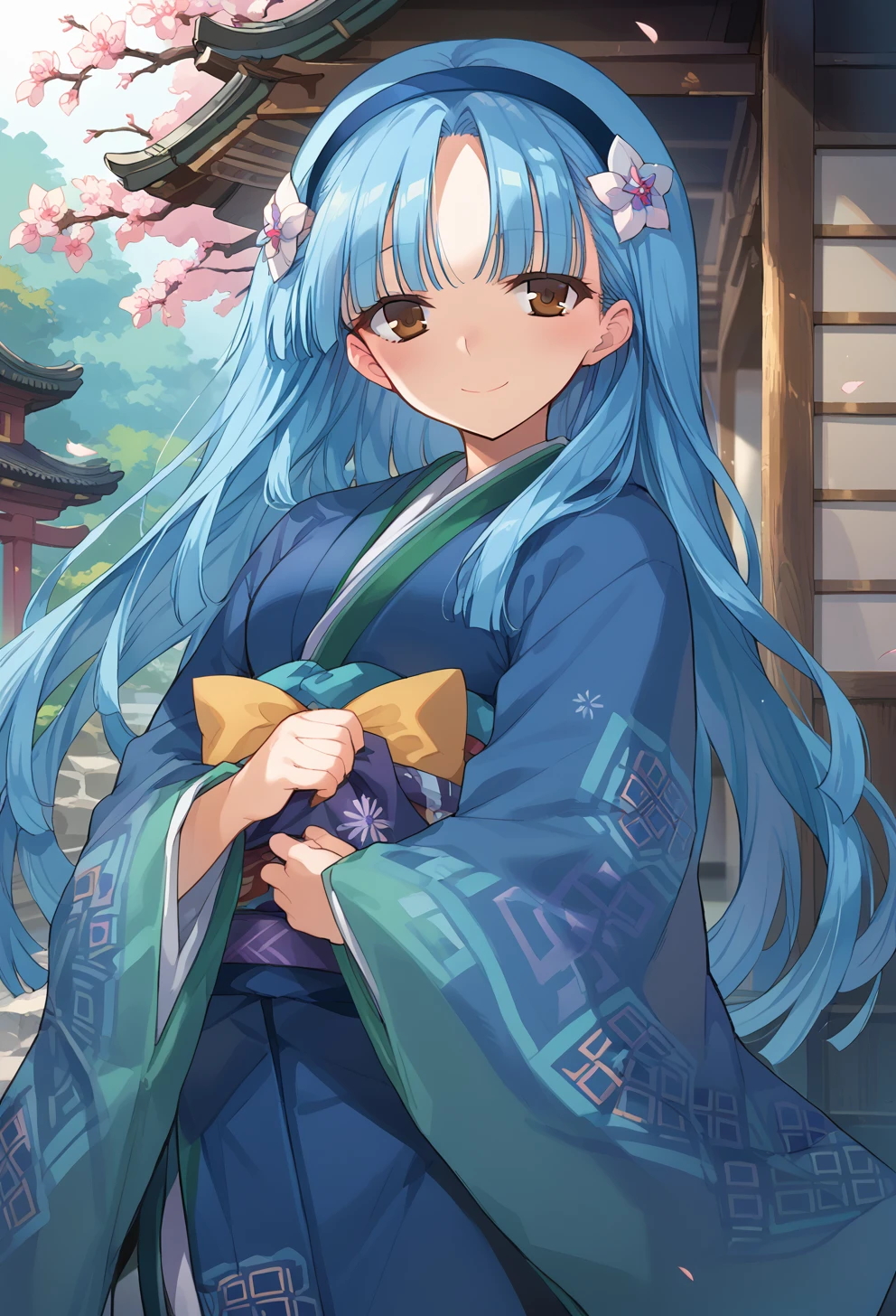 score_9, score_8_up, score_7_up, source anime, yukihime, 1girl, solo, long hair, blue hair, hairband, japanese clothes, kimono, brown eyes, smile, hair flower, blush, cowboy shot, looking at viewer, <lora:yukihime-xl-pony-v1:1>,