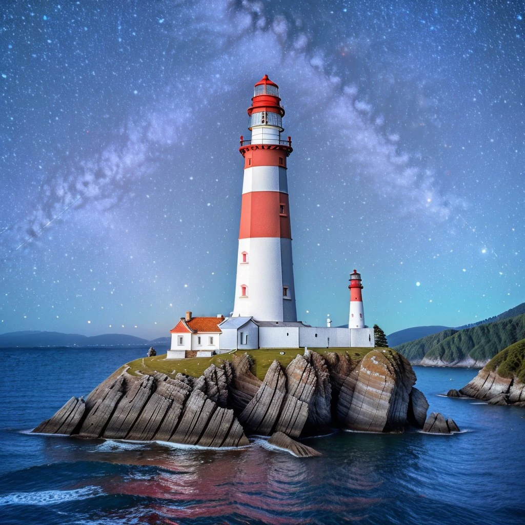 masterpiece, intricate photo, lighthouse with red-white colored ring-sections on a rock in the ocean bay near a fisher village, photo realistic, hyper realistic, highly detailed, sharp focus, best quality, high resolution, 8K, HDR, NewLighthouseEmbedding:1.0