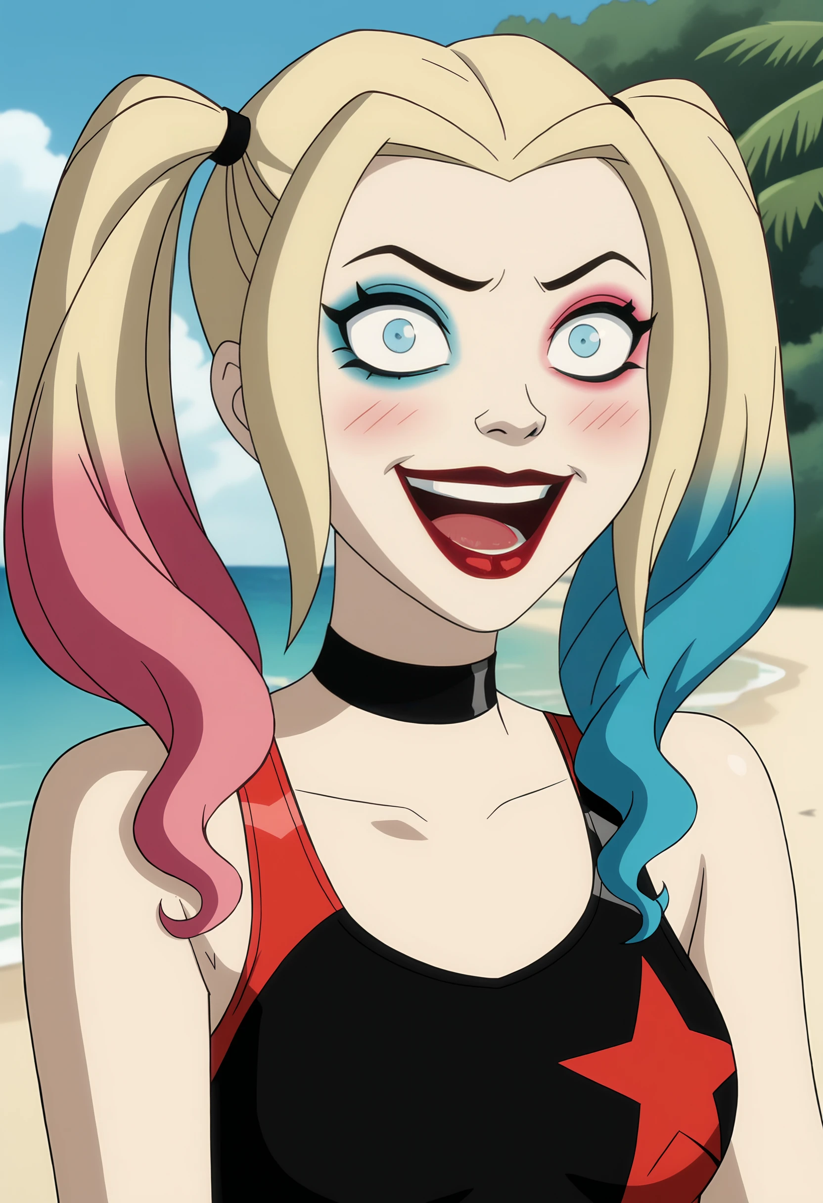 1girl, <lora:HarleyQuinn2019:0.75> twintails, multicolored hair, blonde hair, blue hair, pink hair, blue eyes, choker, black choker, makeup, lipstick, red lips, upper body, standing, looking at viewer, blush, crazy smile, laugh, open smile, competition swimsuit, 
beach background, ocean, outdoors,