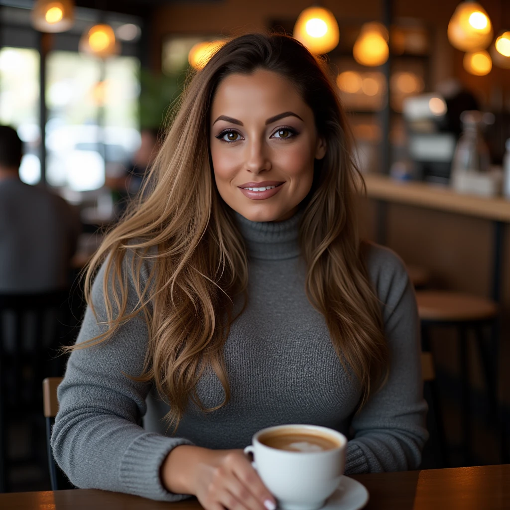 trshstrts, makeup, wearing a turtle neck grey sweater, large breasts, long hair, sitting in a cafe drinking an espresso. looking at the viewer smiling, happy