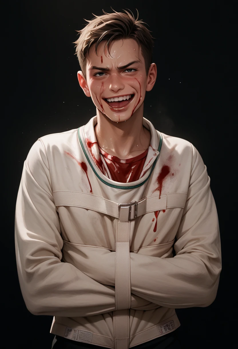 score_9, score_8_up, score_7_up,1boy, male focus, solo, looking at viewer, cowboy shot, blood on face, blood on clothes, straitjacket, open mouth, smirk, tongue out, blush, sweat, sweaty, simple background, black background,   