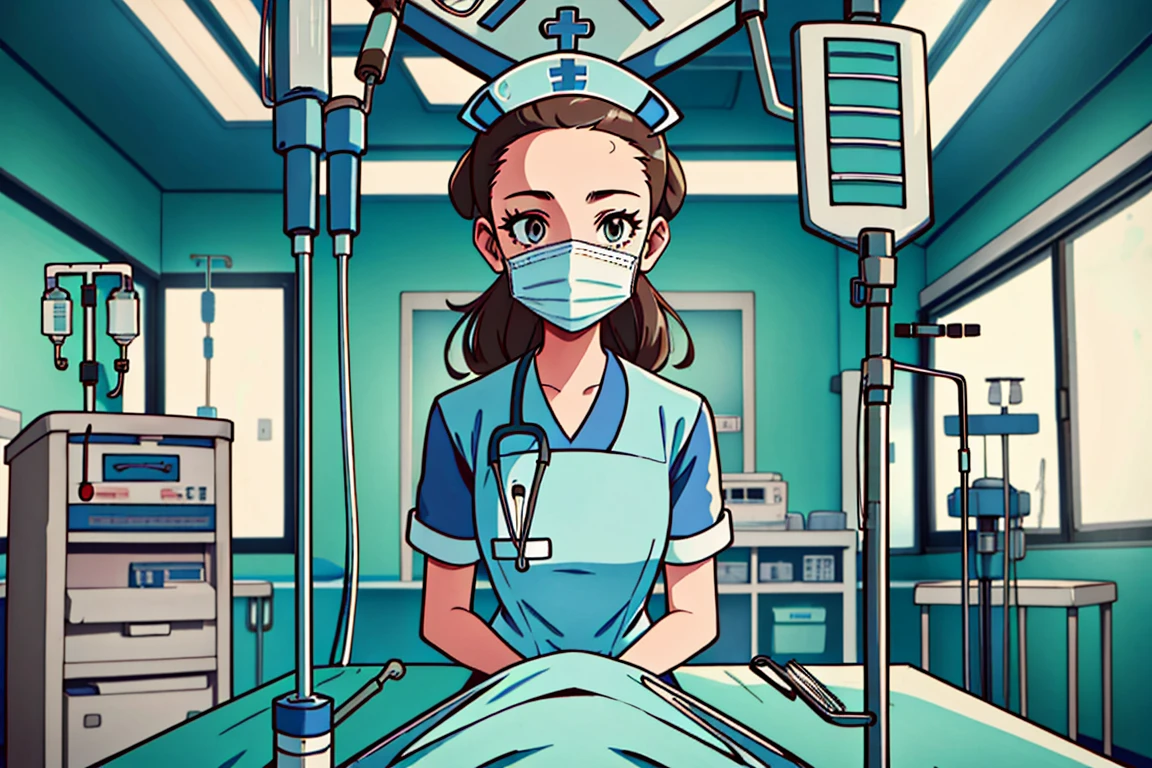 (RAW photo, centered, indoor, best quality),
 <lora:Nurse behind or_V2.0-000004:0.7>  nurse_or_behind_table, indoors, surgical mask, 1girl, looking at viewer, nurse, hospital bed, intravenous drip, stethoscope, nurse cap,solo, <lora:JasmineLora:0.6> jasmine (pokemon), 1girl, solo