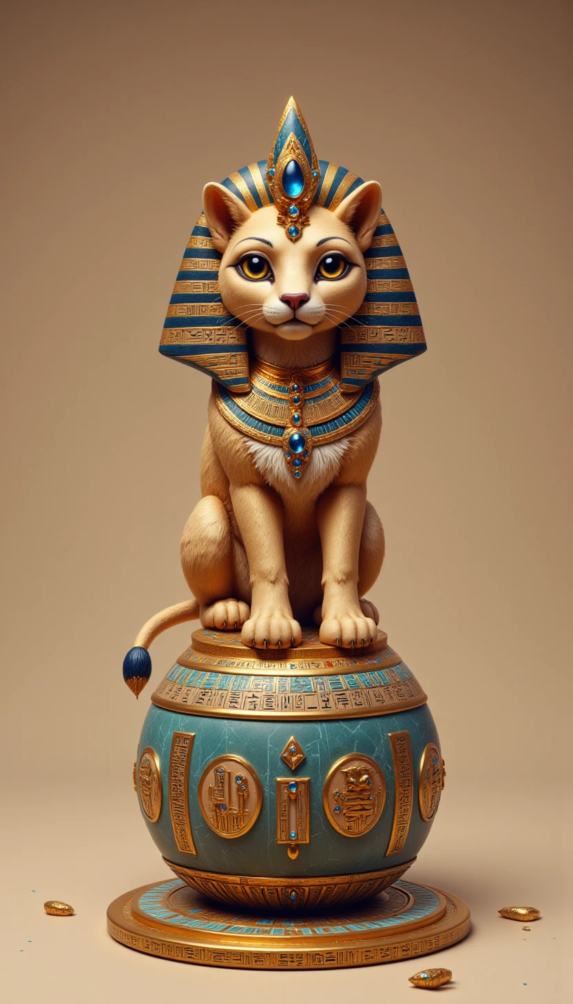 p1nk3gyptstyl3, egyptian, A small but mighty Sphinx, shown as a cute lion's head on top of a ball-shaped obelisk