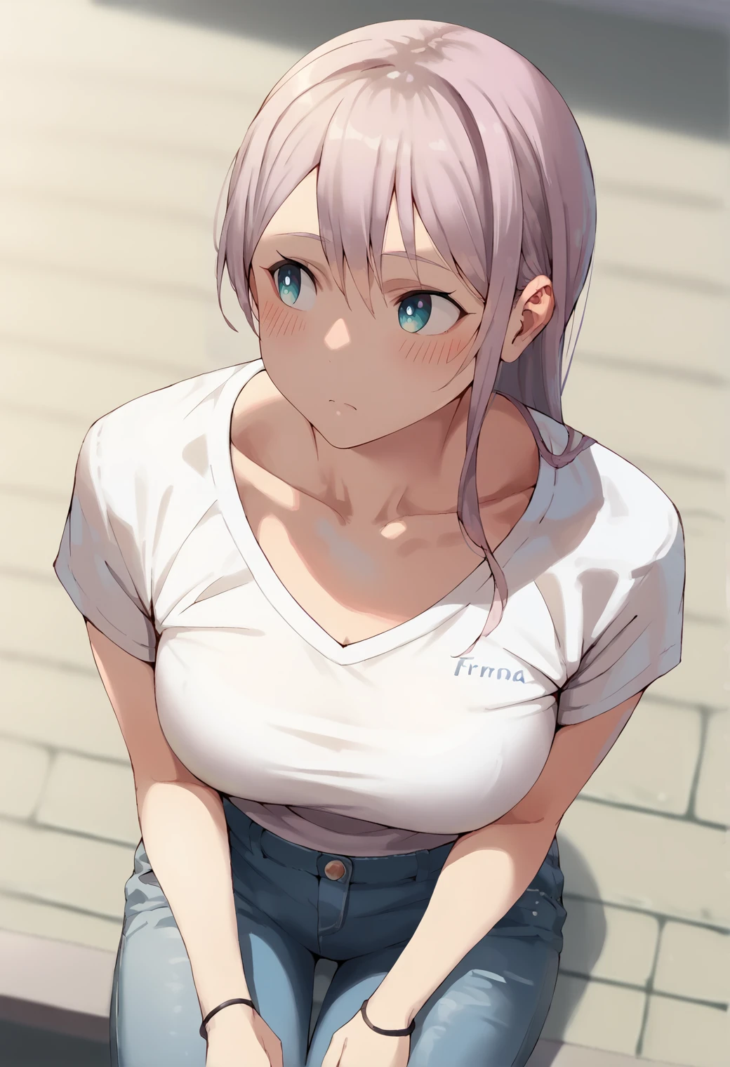 score_9, score_7_up, hd, (ultra hd quality details), source_anime, blurry background, blurry foreground,
solo, 1girl, fdreona, very long hair, large breasts,
white shirt, t-shirt, short sleeves, collarbone, pants, denim, jeans,
blush, looking away, 
arm support, from above, sitting,
<lora:_jonsun_style-elesico-pony-e12:1> <lora:_kisaragi_reona-elesico-pony-05:0.9>