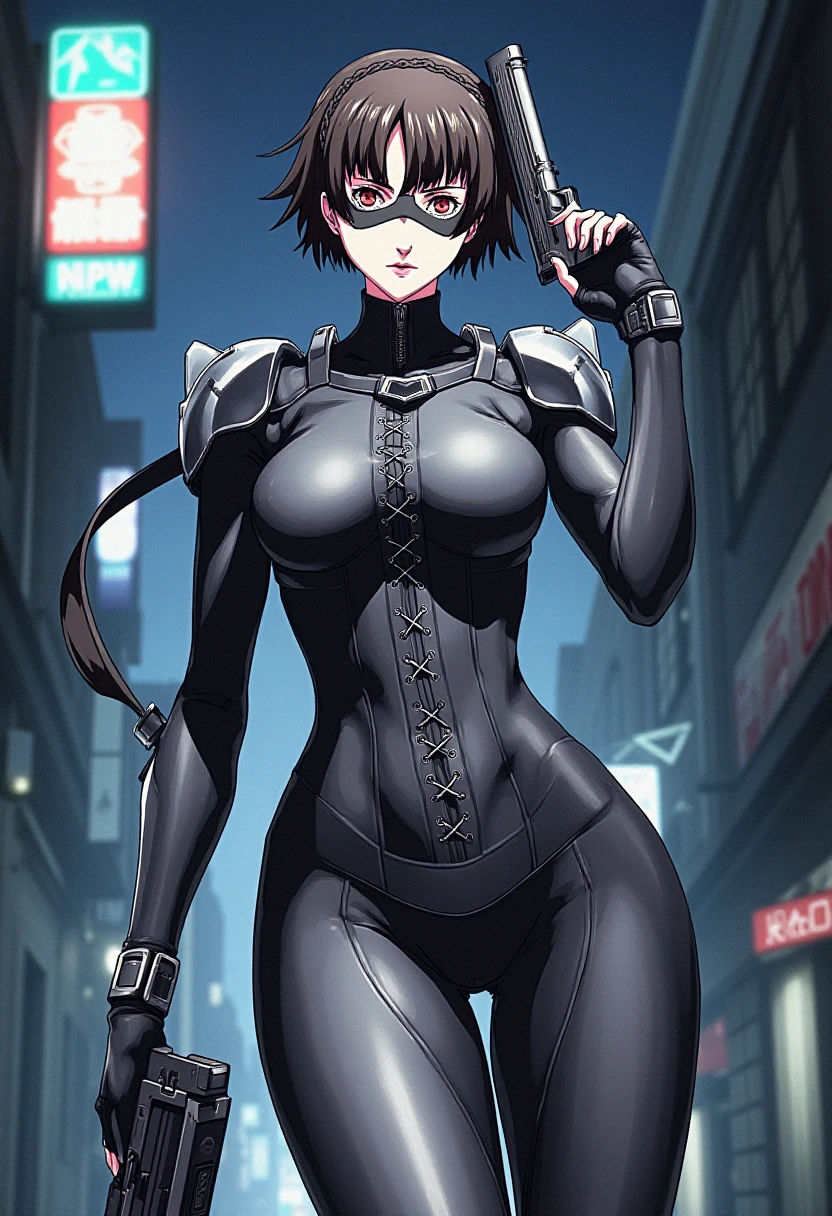 <lora:persona5_niijima_makoto_flux_v1_2-000005:1>, niijima_makoto
 She is wearing a sleek, black outfit with a tactical, combat-ready design. The figure is dressed in a form-fitting bodysuit that features a lace-up, corset-like torso armor, complemented by shoulder spikes that add an aggressive, edgy look. The character wears a black mask that covers the upper half of her face, exposing her eyes and mouth. She is holding a futuristic pistol with both hands, standing in a poised and confident stance, as if preparing for action. A flowing black ribbon or strap extends from her neck, adding a sense of motion and dynamic energy to the image. The overall design reflects a combination of stealth, strength, and tactical precision.
She is standing in a dark alley at night.
Anime style, sharp, high contrast and highly detailed. Ghibli anime style. Perfect anatomy. Perfect body ratio. No oversized head. No blurry, out of focus pictures. No simple background, no single color background.