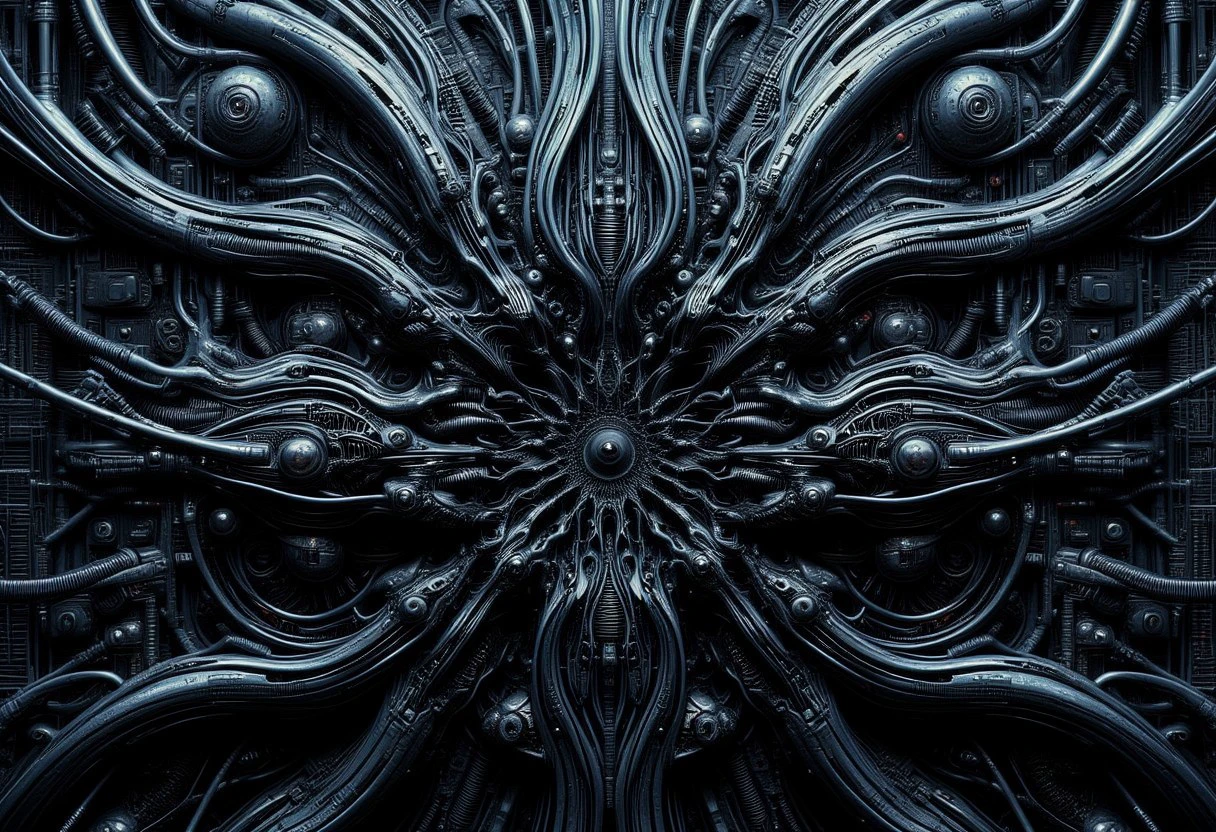 Highly detailed, CGI-rendered artwork featuring a futuristic, abstract, and intricate design. The central focus is a symmetrical, organic-looking structure that resembles a complex, biomechanical entity. The artwork is rendered in a dark, metallic, and industrial color palette with shades of blue and silver, giving it a high-tech, futuristic aesthetic.
The central figure is composed of interwoven, swirling lines and tendrils that resemble both biological and mechanical elements.