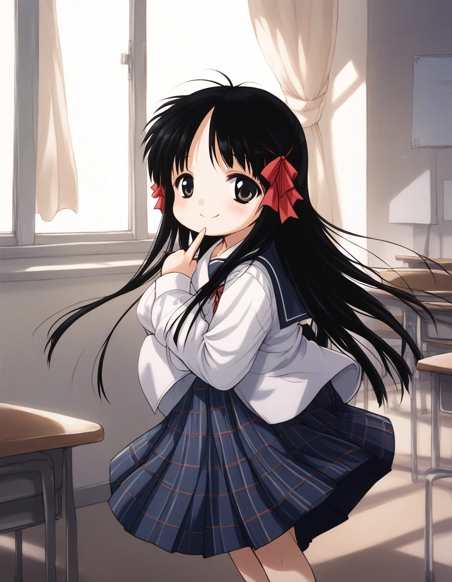 score_9, score_8_up, score_7_up, source_anime, rating_explicit, BREAK <lora:Hoshino_Hina_XL:1> Hoshino_Hina, long hair, black hair, black eyes, hair ribbon, short stack,
school uniform, checked skirt, long skirt,
room, curtain, window, flooring,
smile,
looking at viewer,
cowboy_Shot,