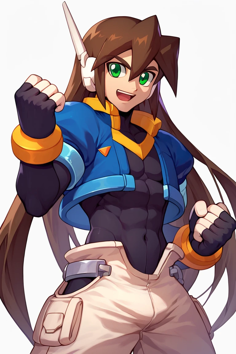 zPDXL2,vent \(mega man\),aged up,1boy,long hair,solo,brown hair,male focus,open mouth,simple background,cropped jacket,green eyes,white background,robot ears,bodysuit,bodysuit under clothes,jacket,white pants,short sleeves,hair between eyes,covered navel,clenched hand,fingerless gloves,smile,bracelet,jewelry,shorts,long hair,gloves,<lora:vent_Grey:1>,