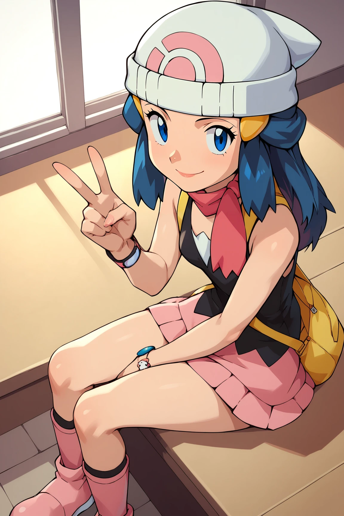 score_9, score_8_up, score_7_up, score_6_up, BREAK, DawnPXL, blue eyes, blue hair, long hair, ornament hair, white beanie, small breasts, yellow bag, pink scarf, sleeveless, black shirt, pink skirt, black socks, pink boots, solo, full body, sitting, above view, peace sign, seductive smile, looking at viewer, indoors  <lora:DawnPXL:1>