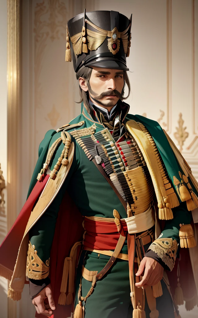 best quality,masterpiece,highly detailed,ultra-detailed, <lora:neg9V2_last:0.3>  
hungarian hussar, 19th century, capelet, atila jacket,military uniform<lora:hussar:1:1lbw=clothes>