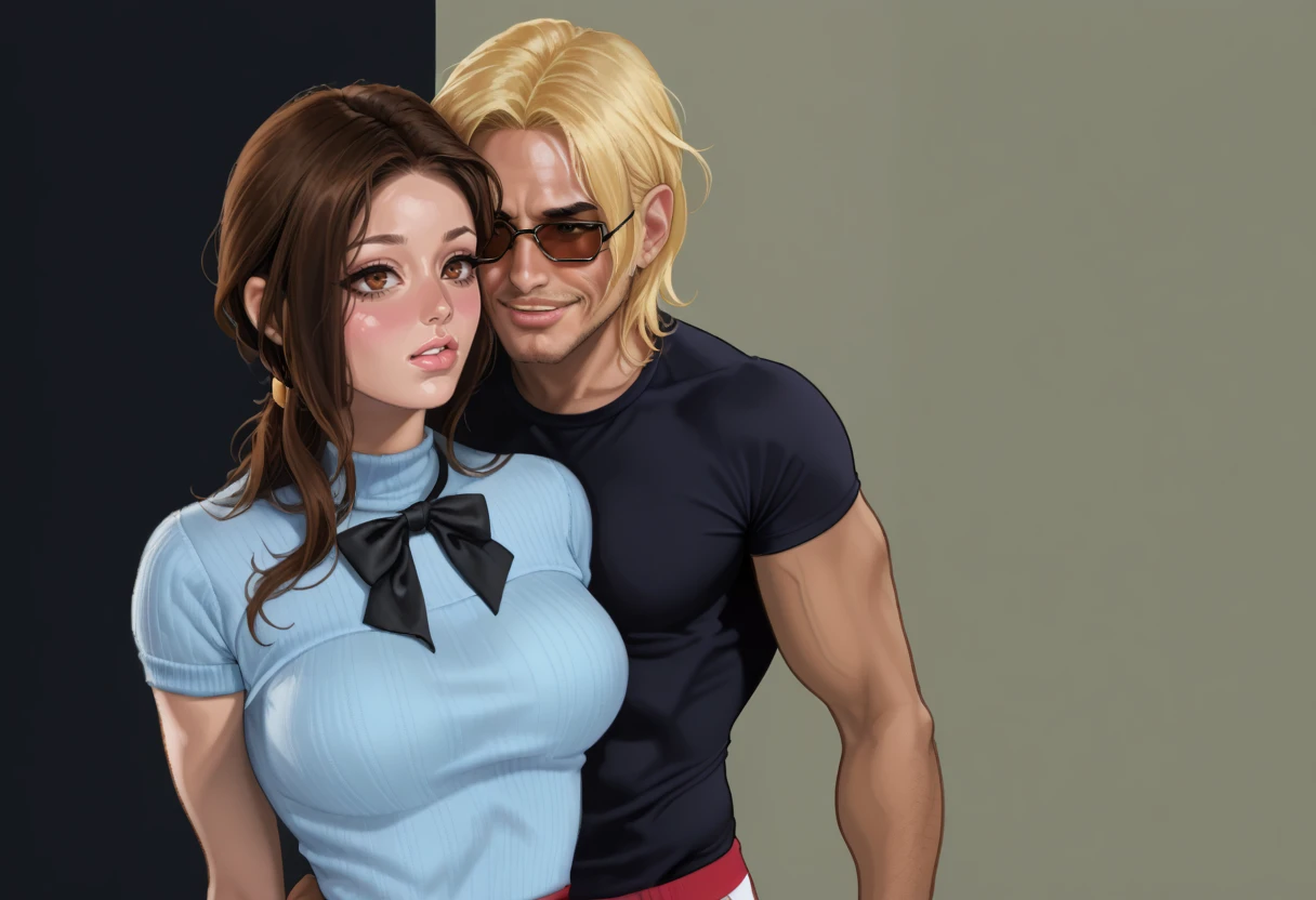 score_9, score_8_up, score_7_up, source_cartoon, raw, realism, front view, hetero focus, ntrlegend_couple,simple background, upper body focus, looking at viewer, embracing, BREAK, (head tilted to side, shocked, eyes wide):2, arm around male, 1girl, ntrlegend_chick, cl4ssic_dr3ss, upper body focus, brown hair female, long black skirt, pale blue sweater, two-tone top, long sleeve, black neck ribbon, blue shirt, skinny female, messy low ponytail, brown eyes, plips, (medium breasts, puffy lips),  moody lighting, eye contact, breast grabbed under clothing, BREAK, ntrlegend_mc, 1boy, blonde male, black shirt, short sleeve shirt, red pants, sunglasses, standing in background, tan-skinned male, goatee,  (grinning male):2, grabbing female breast under clothing,
<lora:FlintsSemiRealStyle-10:.55> <lora:Penis Size_alpha1.0_rank4_noxattn_last:-2><lora:Art_Of_Jaguar_Style:.8> <lora:temogam_ponyxl_locon:0> <lora:plips_Pony_SHS:0> <lora:NTRlegend-10:.85> <lora:officialpit_style_xl_ilff:0>