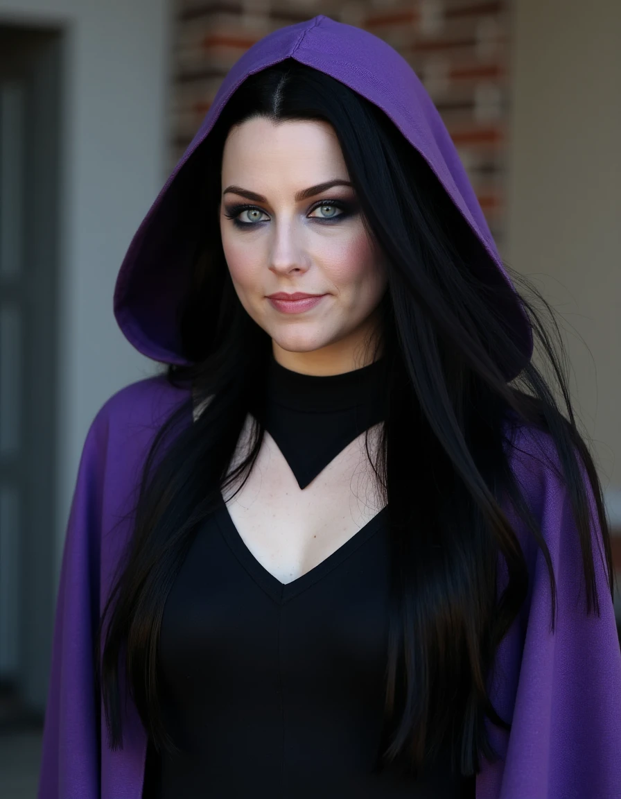 a professional photo of  a_lee with long flowing black hair blue eyes dressed as raven from dc comics. she is wearing a black leotard with a purple cloak and hood. She has dark eyeliner and eyeshadow. 
 <lora:AmyLeeFlux-000004:1>