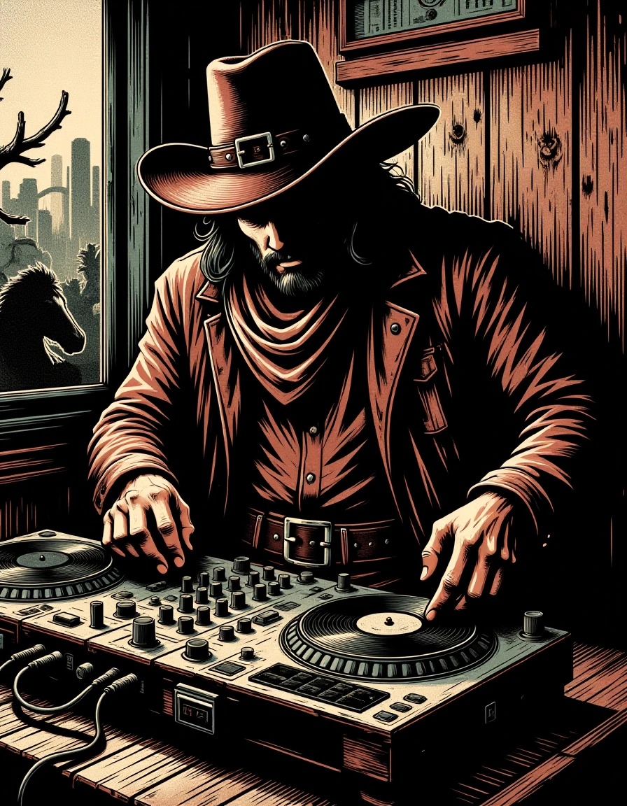 A Mexican vaquero, playing dj consolle in a disco club
<lora:Western_Comic:0.7>