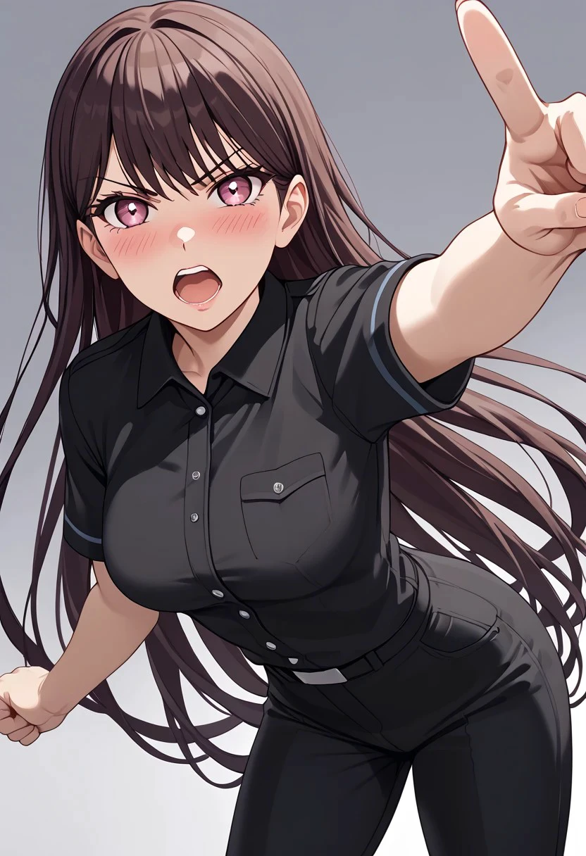 (masterpiece), best quality, expressive eyes, perfect face, takishiina, looking at viewer, blush, open mouth,  shirt, medium breasts, very long hair, short sleeves, teeth, collared shirt, pants, uniform, v-shaped eyebrows, black shirt, upper teeth only, black pants, outstretched arm, clenched hand,