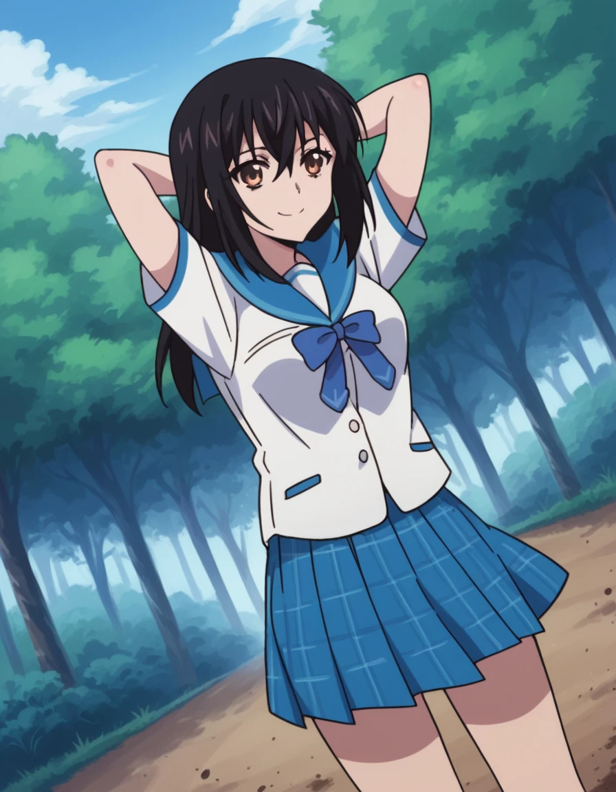 score_9, score_8_up, score_7_up, source_anime, <lora:yukina-himeragi-s1-ponyxl-lora-nochekaiser:1>, yukina himeragi, long hair, black hair, brown eyes, medium breasts,, skirt, bow, school uniform, pleated skirt, serafuku, sailor collar, blue skirt, plaid, blue bow,, bike ride, countryside, dirt road, trees, afternoon sun, peaceful, alone, smile, , hands behind head, smile,, solo,, cowboy shot, dutch angle