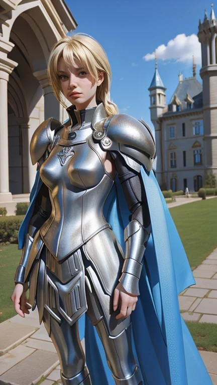 close-up, a woman as a Knight, action figure style, ((in front of a magnificent castle)), professional photograph, masterpiece, best quality, 8K, 16K, UHD, photorealistic, solo