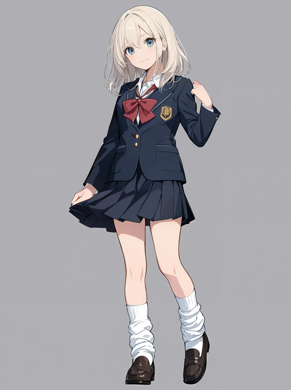 masterpiece,ultra-detailed,best quality,8K,illustration,cute face,clean skin ,shiny hair,girl,ultra-detailed-eyes,simple background, <lora:add-detail-xl:1> <lora:loose socks_XL_V2.0:1> loose socks, school uniform, skirt