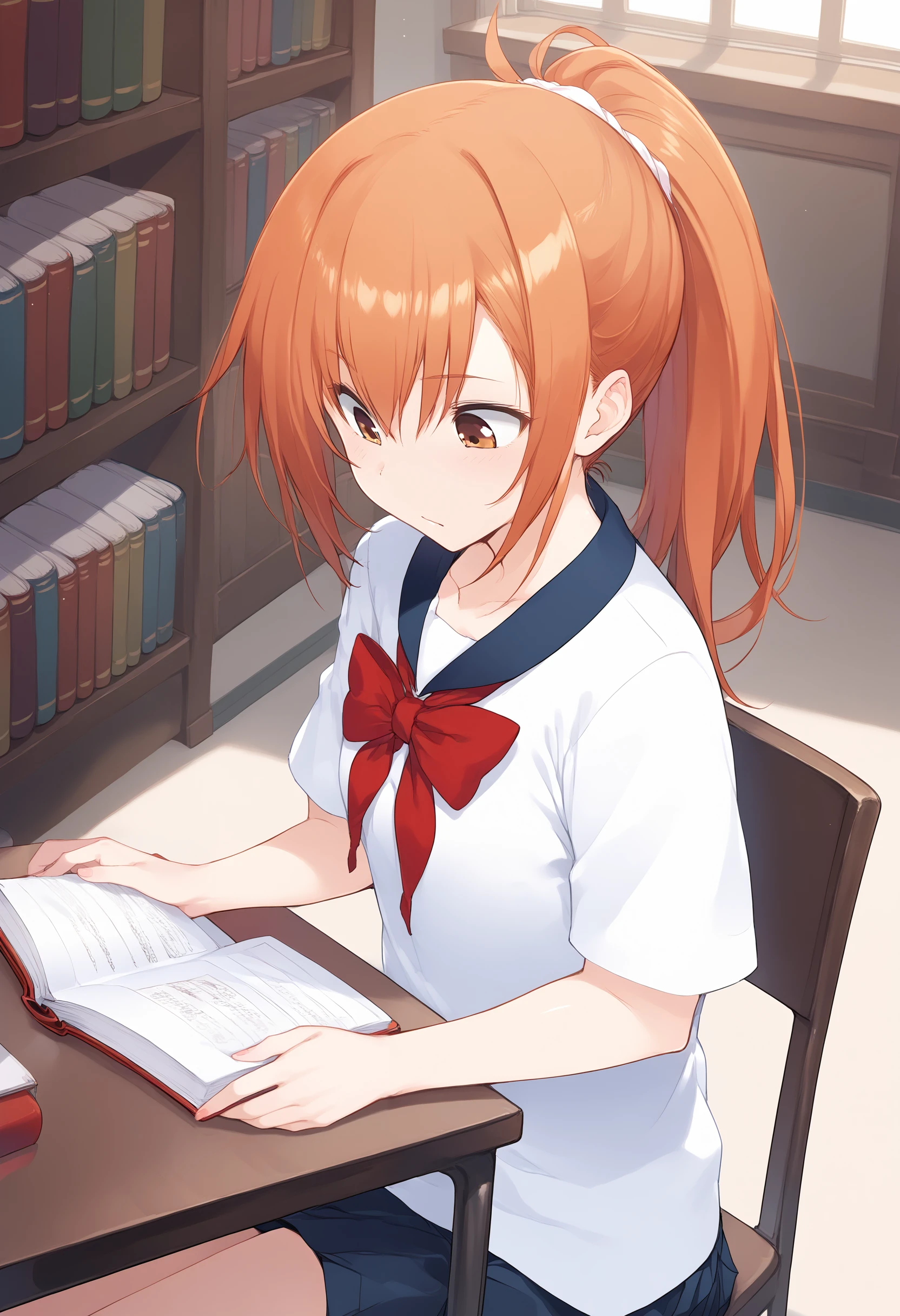 upper body, portrait, solo, score_9, score_8_up, score_7_up, score_6_up, KazuKawa, dynamic scene, source_anime, ((sitting on chair)), beautiful hands, perfect hands, BREAK wearing school uniform, hair between eyes, ponytail, ginger hair, brown hair, looking at book, reading, studying, looking down, concentrating BREAK indoors, library, desk, books, <lora:KazuKawaV01.2:0.9> BREAK Perfect Hands, <lora:Perfect Hands v2:1>