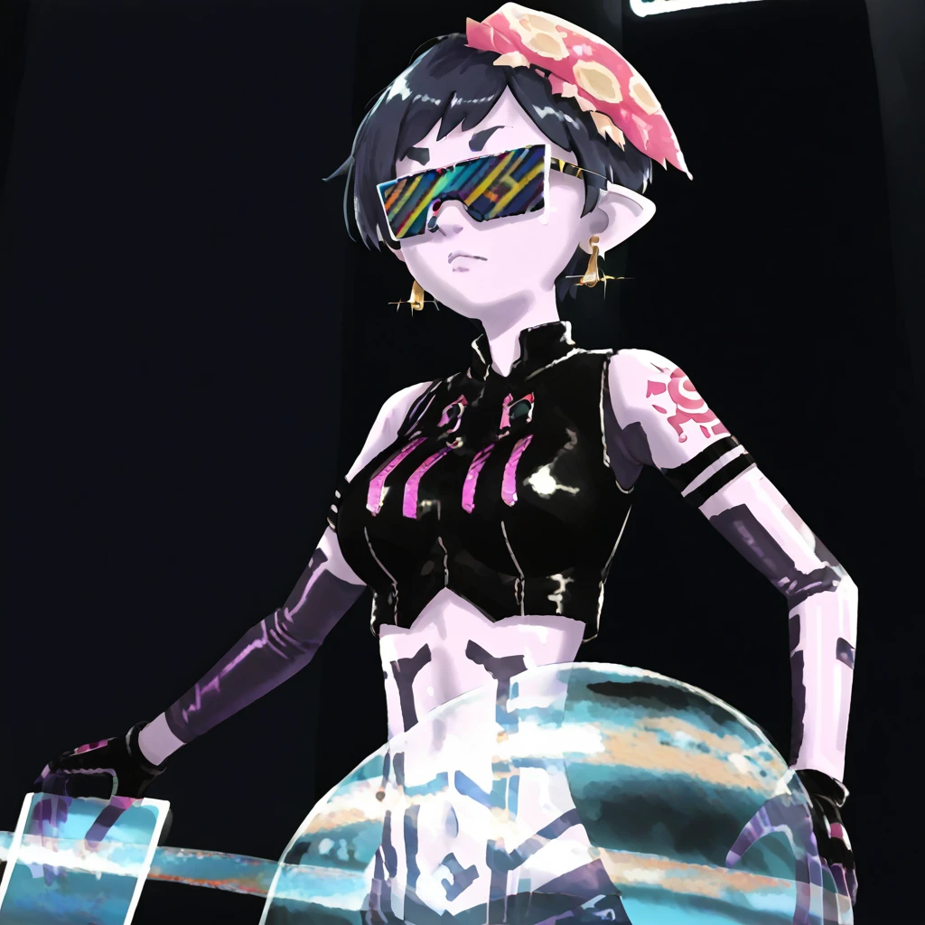 <lora:Clothing_Hypnoshades_SPLATOON_2:0.7> gloves, sunglasses, jewelry, pantyhose, earrings, crop top, object on head, tattoo  <lora:Character_Original_Cortana_HALO_1:1> c0rtanah1, hologram, colored skin, short hair, 1girl, breasts, colored sclera