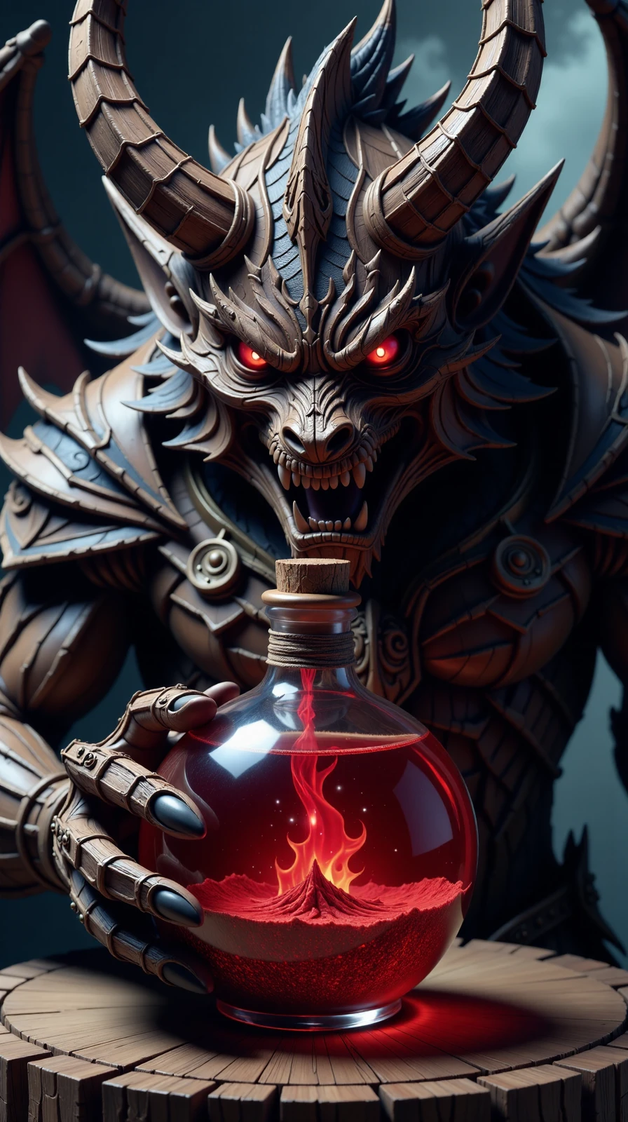 made out of bork small centered composition, product shot, plain background, wallpaper art, in the center is an image of a gorgeous elegant ("The Potion of Evil":1.3) , mystical, dark fantasy atmosphere, a giant demon in the background looking with his glowing red eyes on the potion, dark, Sharp and in focus, , dynamic composition, dynamic background, stunning, dynamic dramatic beautiful full taking,  <lora:flux-borkstyle:1>,