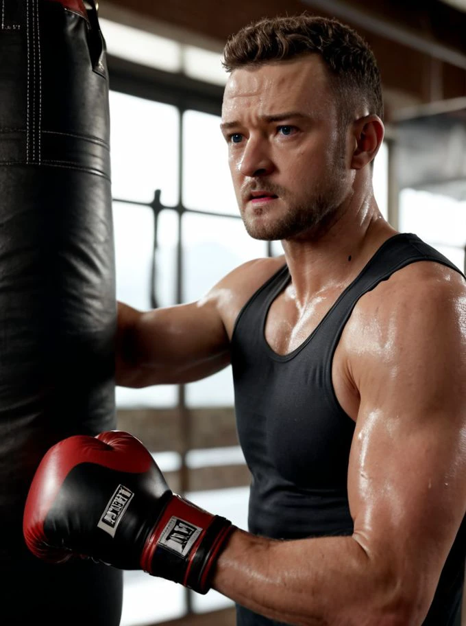 Justin Timberlake a man <lora:Justin-Timberlake:1>, punching a boxing bag in a grungy gym. Sweating it out, wearing a tight wet vest showing ripped biceps. Side view, high detail, realistic, 8k, depth of field, sharp focus, intricate, smooth, masterpiece, photorealistic, professional photoshoot quality, highly detailed detailed face, realistic skin, ultra-realistic, uhd, full body in frame, <lora:add-detail-xl:1>