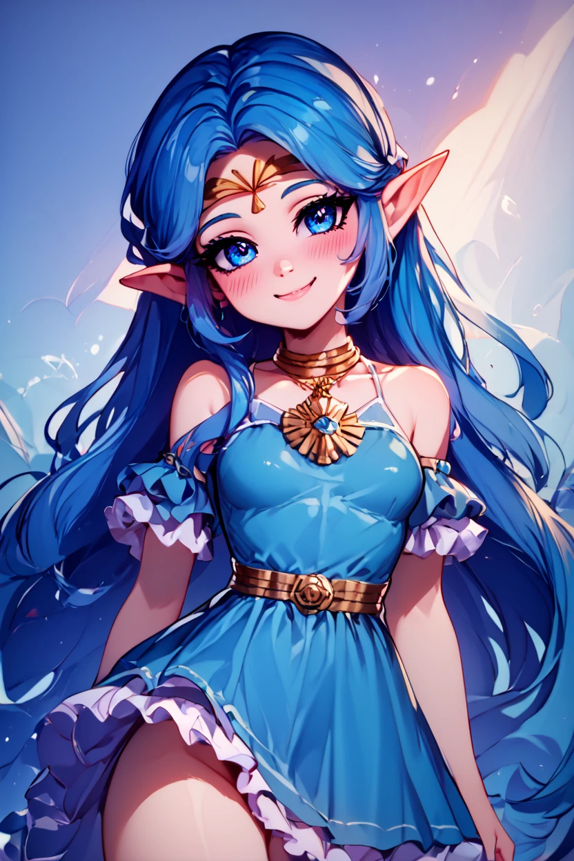 score_9, score_8_up, score_8, medium breasts, (curvy), cute, eyelashes,       BREAK, , <lora:NayruZelda_PDXL_epoch02:0.8>,  zzNayru, blue hair, dress, bare shoulders, jewelry, very long hair, blue dress, elf, circlet, BREAK, closed mouth, smile, looking at viewer, blush,  zzLFashion, frilled dress, sweetL, cowboy shot,  embedding:zPDXL, Expressiveh,  <lora:Vivid:0.7>,  <lora:LFashionPDXL:1>,  <lora:Uncensored_PonyXL_cpt_v02.09:0.4>,  <lora:Expressive_H-000001:0.4>,