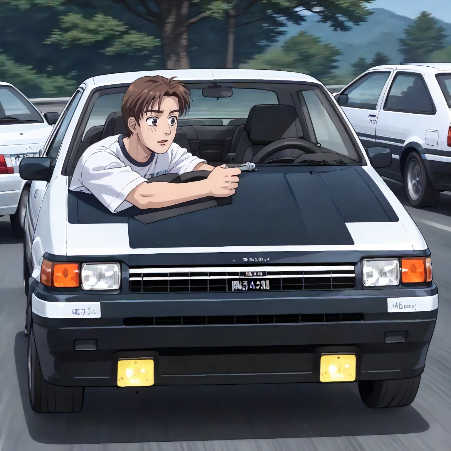 <lora:ID_TakumiFujiwaraXLpony004>,
outdoors,
TakumiFujiwara,1boy,short hair,brown hair,black eyes,
t-shirt,
AE86,car,driving,