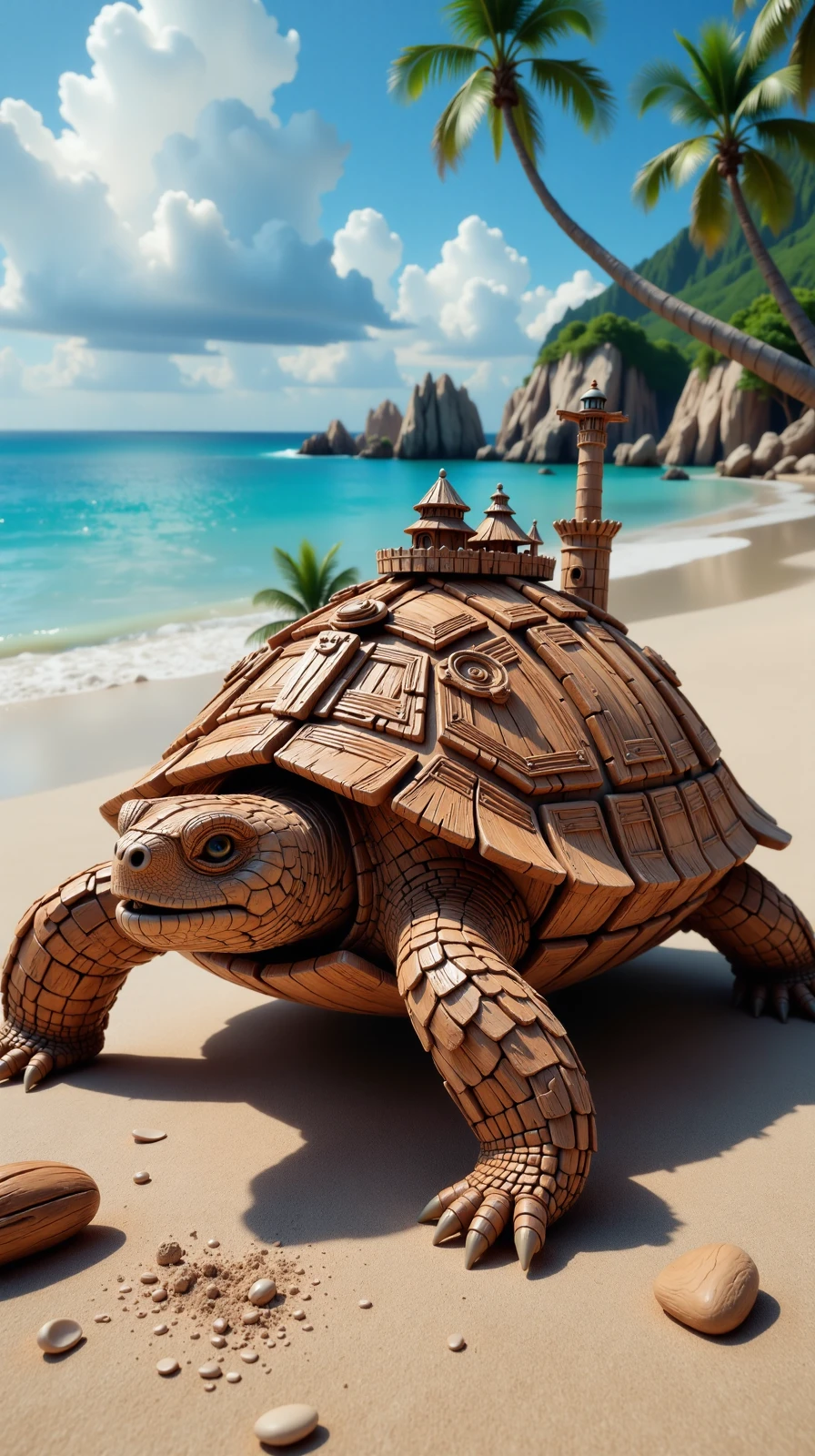 a turtle made out of bork resting on a beach with a miniatur town on the back ,  <lora:flux-borkstyle:1>,