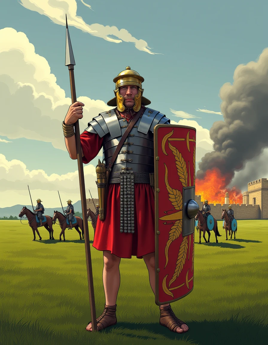 GTA-style artwork a roman legionnaire , standing in a lush green field under a cloudy sky.  He holds a long, pointed spear in his right hand, resting it against his left shoulder. he holds a large, red, and gold-painted shield is prominently displayed . In the background, there are   roman legionnaire on horses (holding small blue oval shields:1.2),  In the background is a burning ancient castle with large column of black smoke, Warm and hazy day with thin stratus clouds creating a soft overcast <lora:Roman_Legionnaire:1> . satirical, exaggerated, pop art style, vibrant colors, iconic characters, action-packed