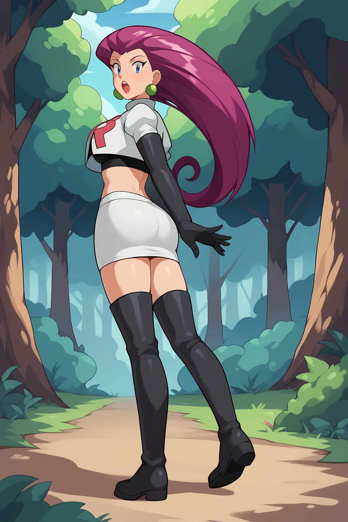 score_9, score_8_up, score_7_up, score_6_up, BREAK, JessiePXL, blue eyes, purple hair, long hair, hair slicked back, earrings, medium breasts, team rocket uniform, white crop top, elbow gloves, black gloves, white skirt, black thigh boots, solo, full body, standing, from behind, ass, surprised, looking at viewer, forest <lora:JessiePXL:1>